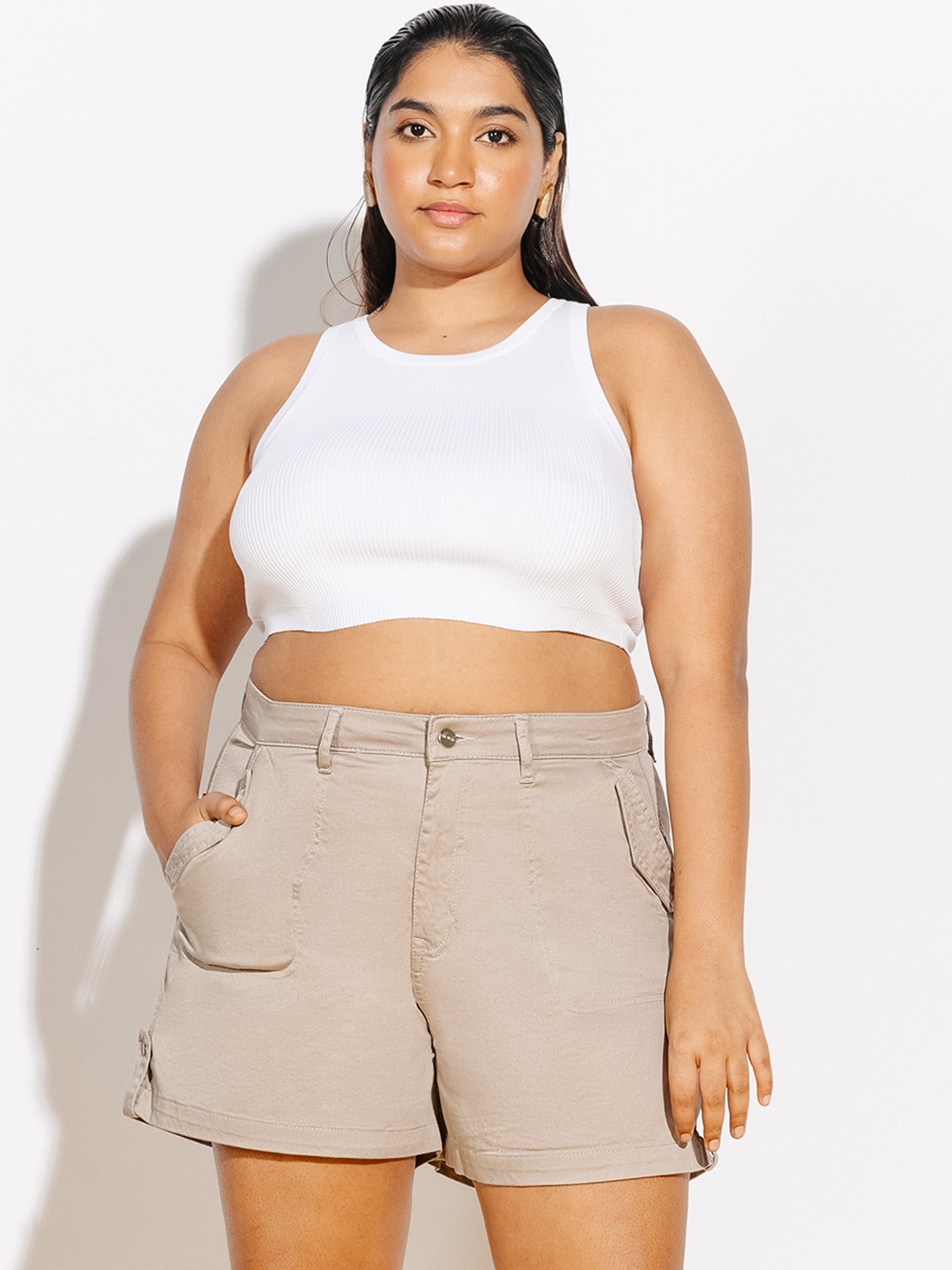 

FREAKINS Women Cream Cotton High-Rise Shorts