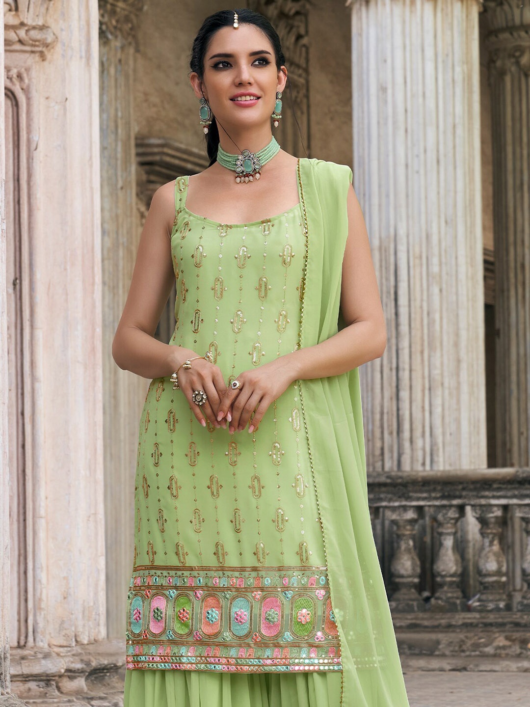 

ODETTE Ethnic Motifs Embroidered Sequined Kurta with Sharara & Dupatta, Green