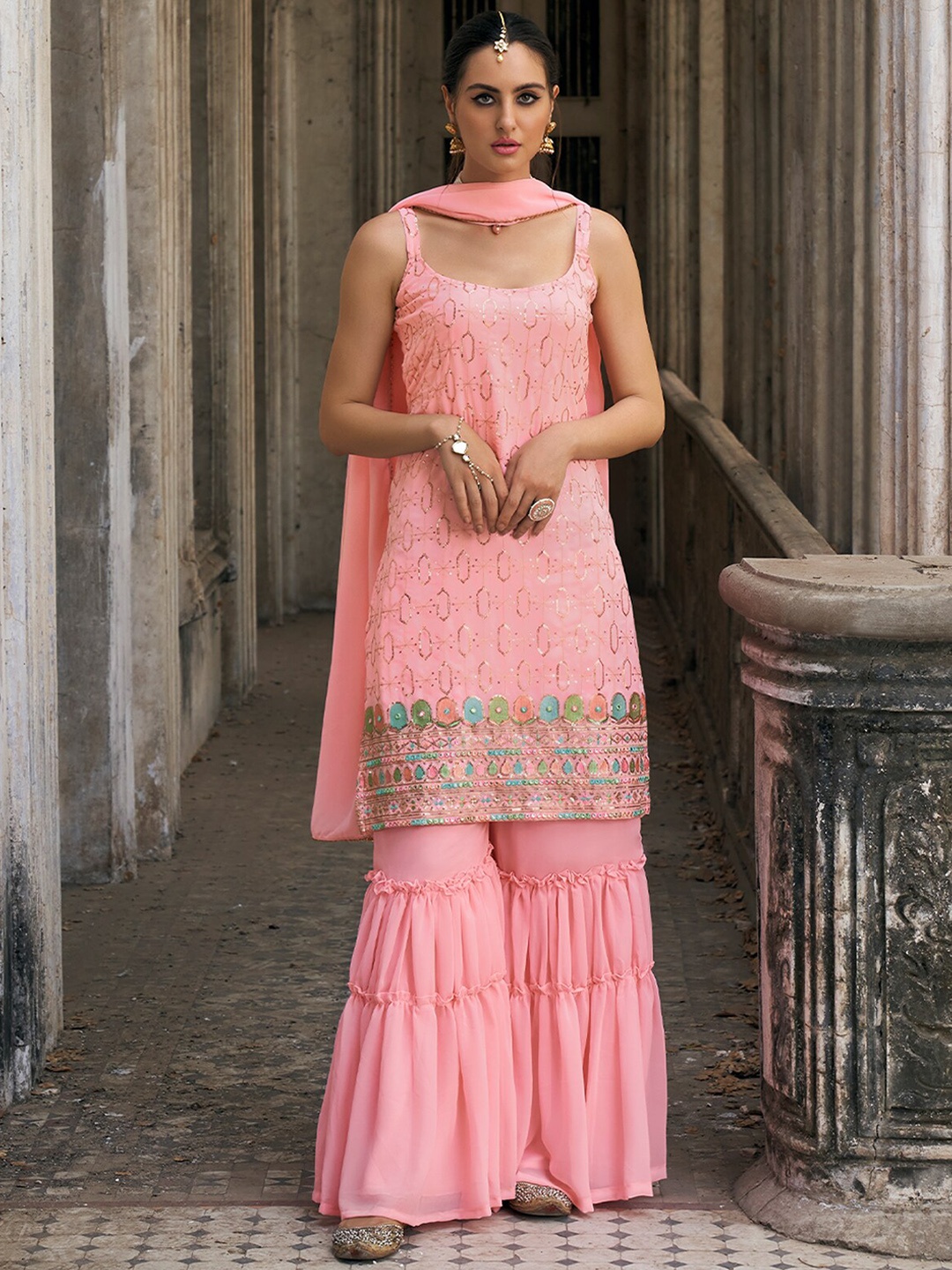 

ODETTE Ethnic Motifs Embroidered Sequined Kurta with Sharara & Dupatta, Pink