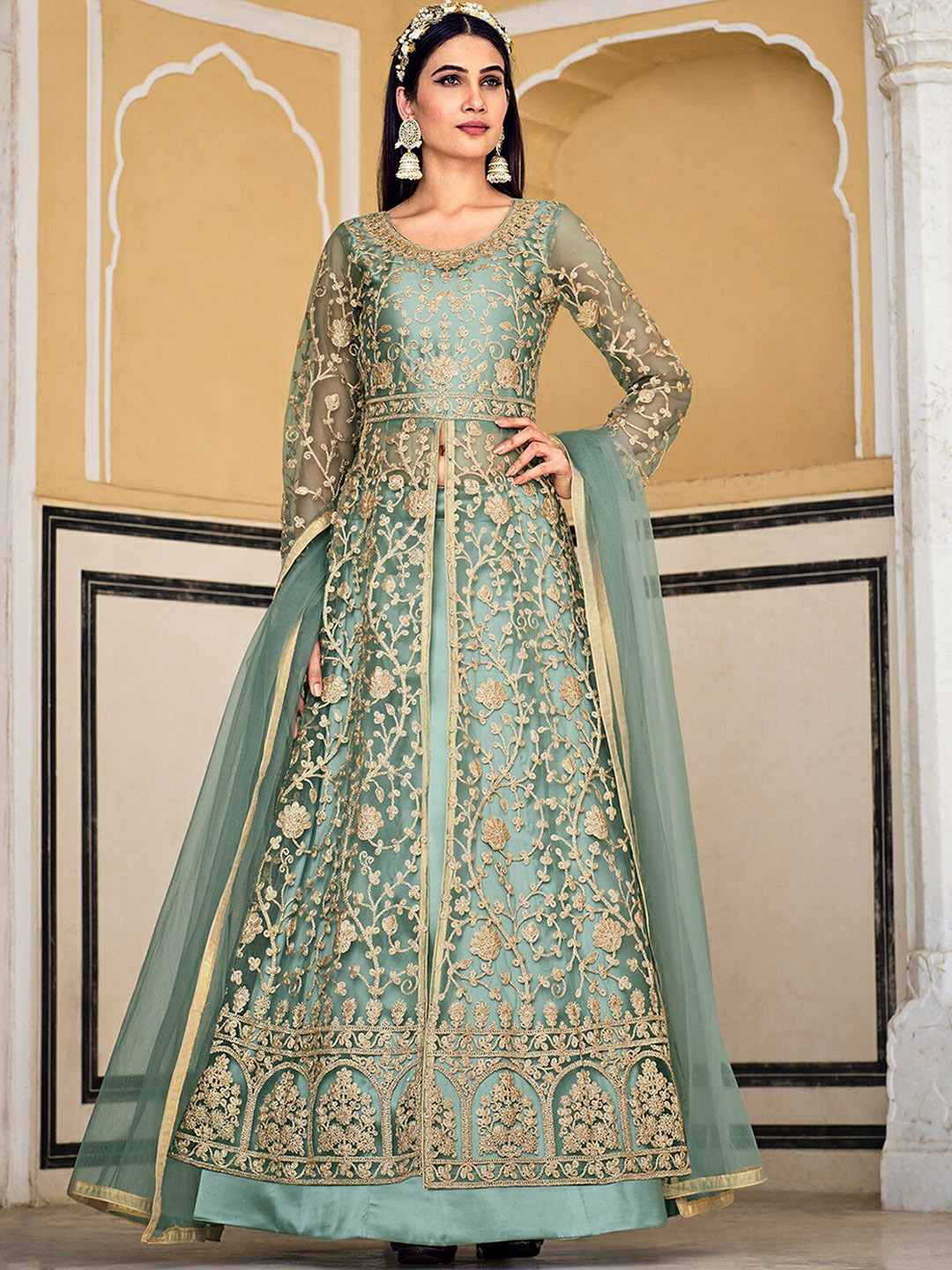 

ODETTE Ethnic Motifs Embroidered Semi Stitched Kurta with Trousers & Dupatta, Green