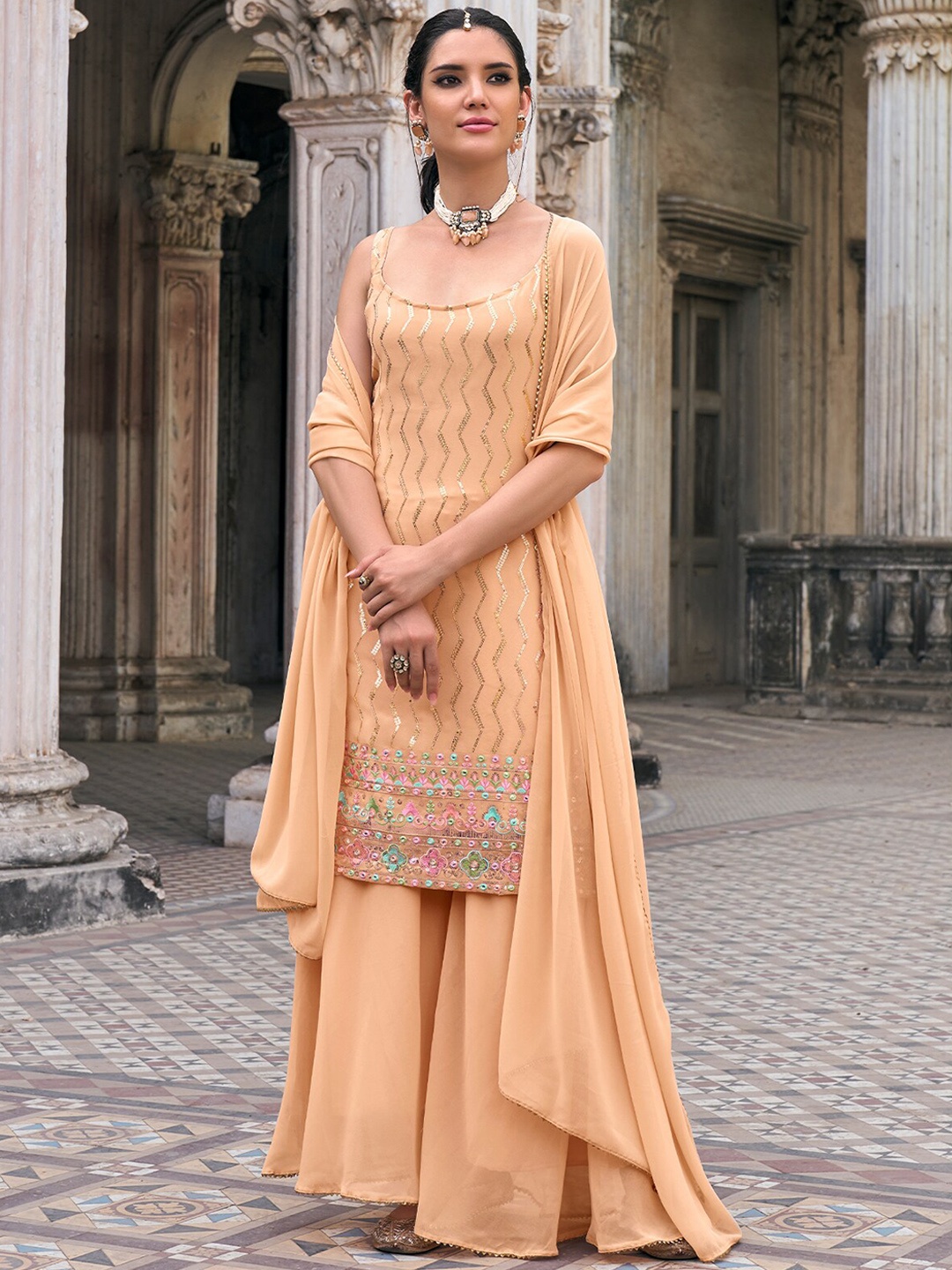 

ODETTE Embellished Sequinned Semi Stitched Kurta with Sharara & Dupatta, Beige