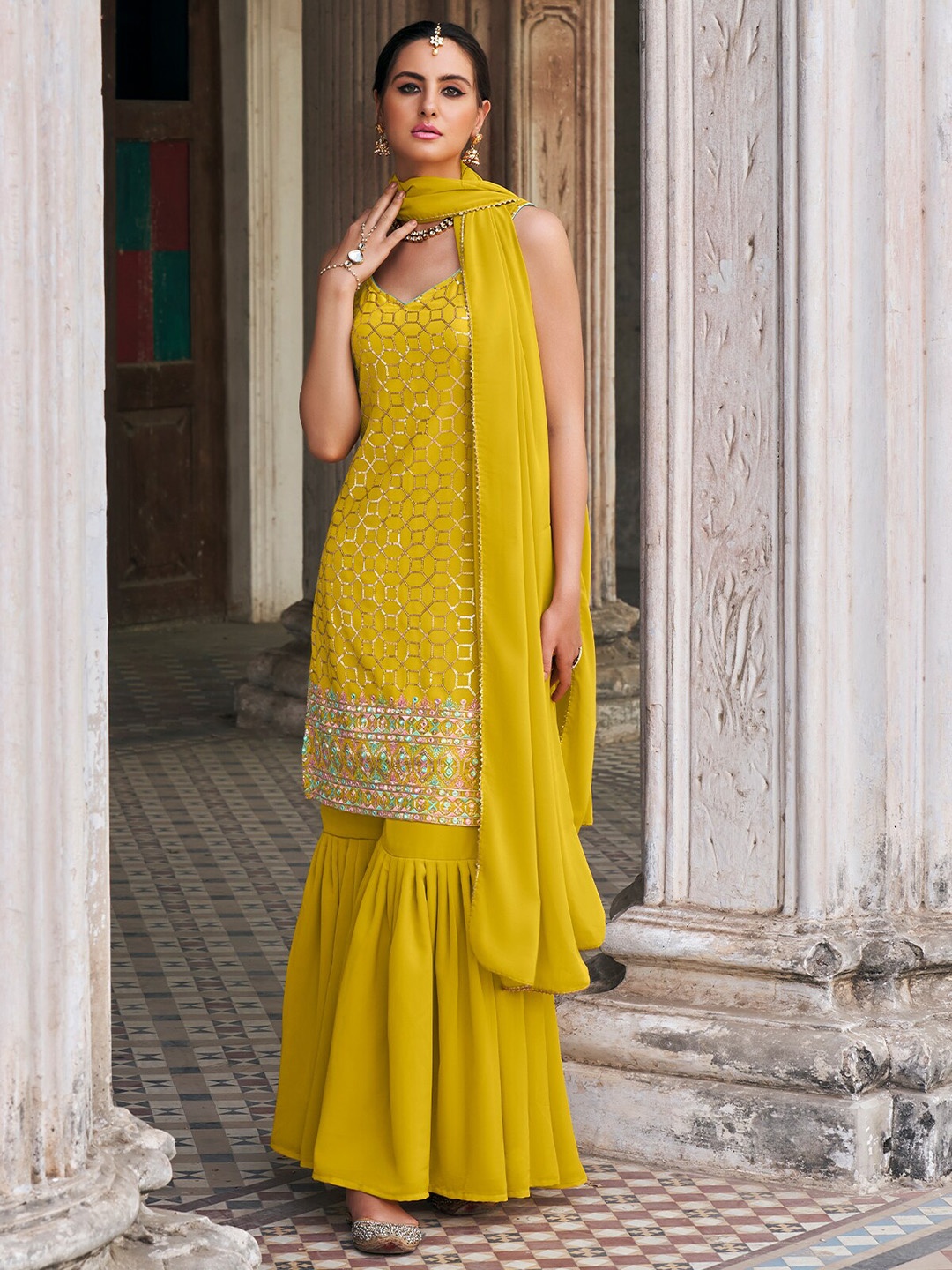 

ODETTE Embellished Regular Sequinned Kurta with Sharara & Dupatta, Mustard