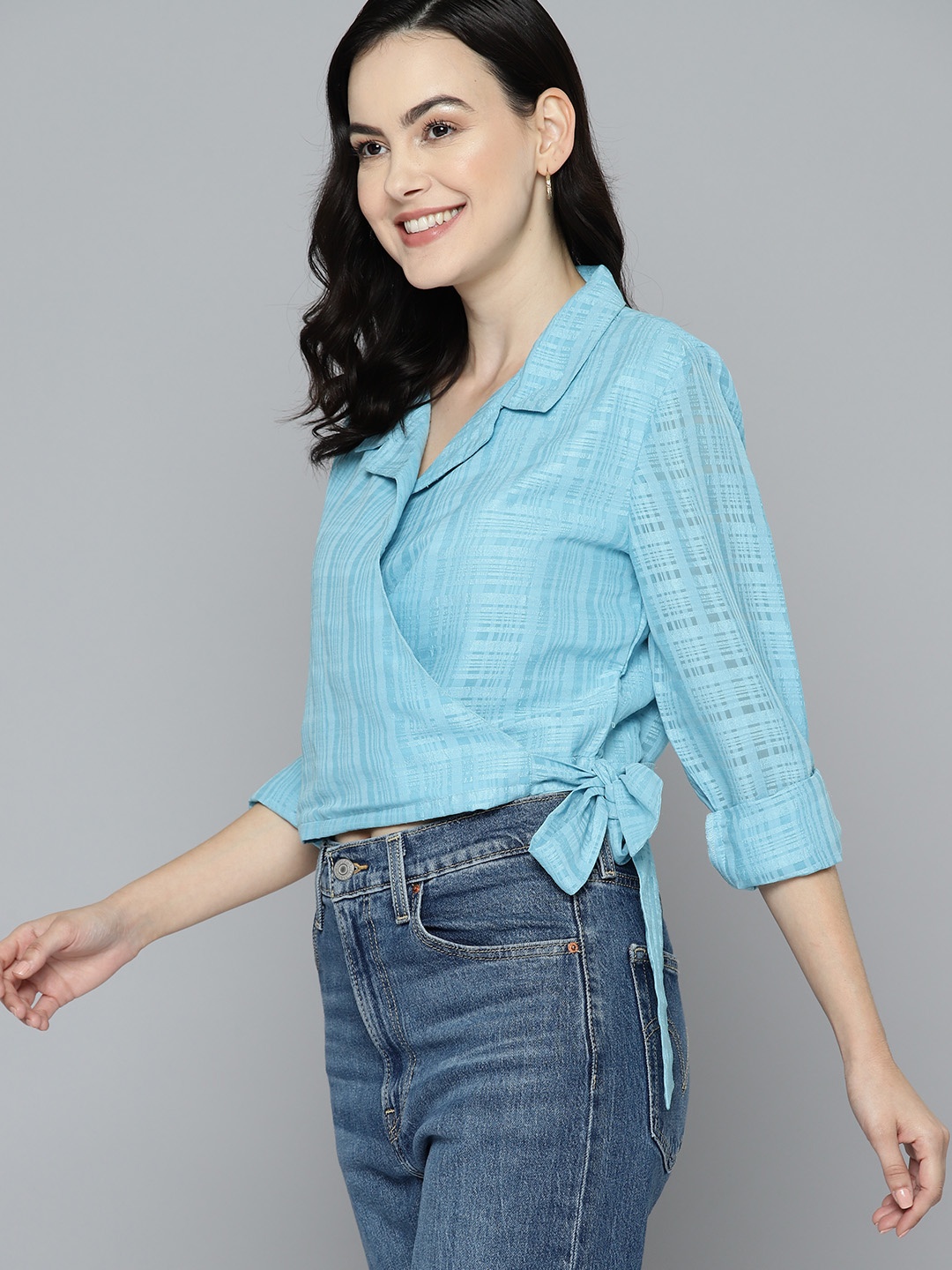 

Mast & Harbour Checked Georgette Wrap Crop Top with Tie-Up Detail, Blue