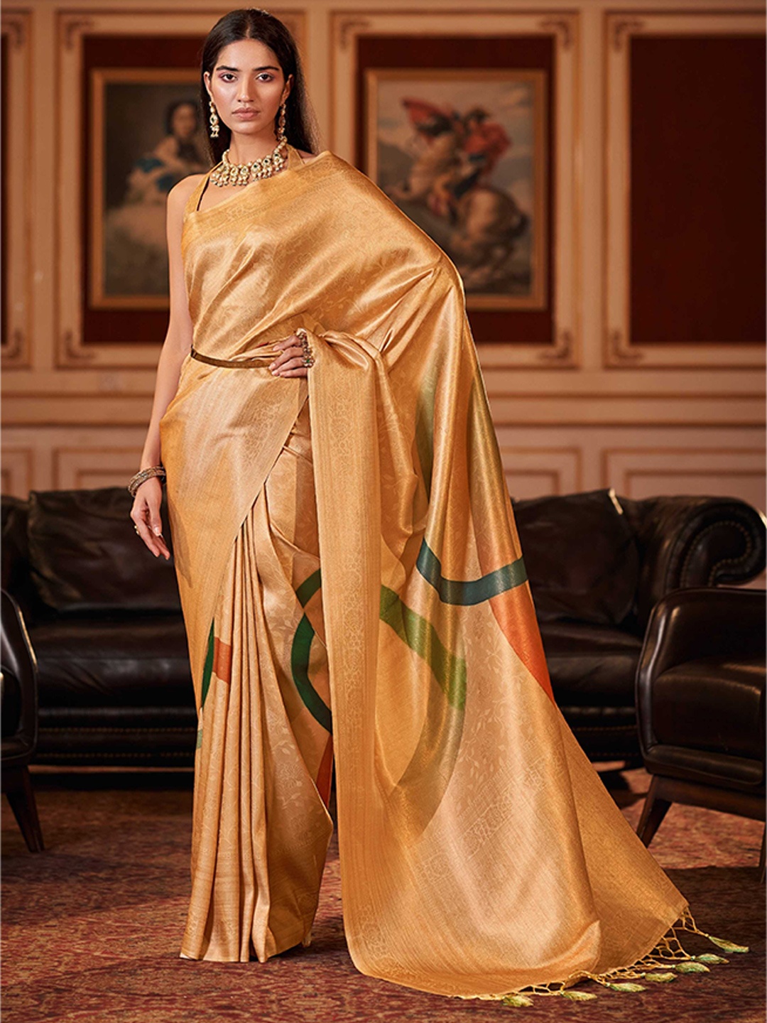 

Mitera Yellow & Gold-Toned Floral Woven Design Zari Saree