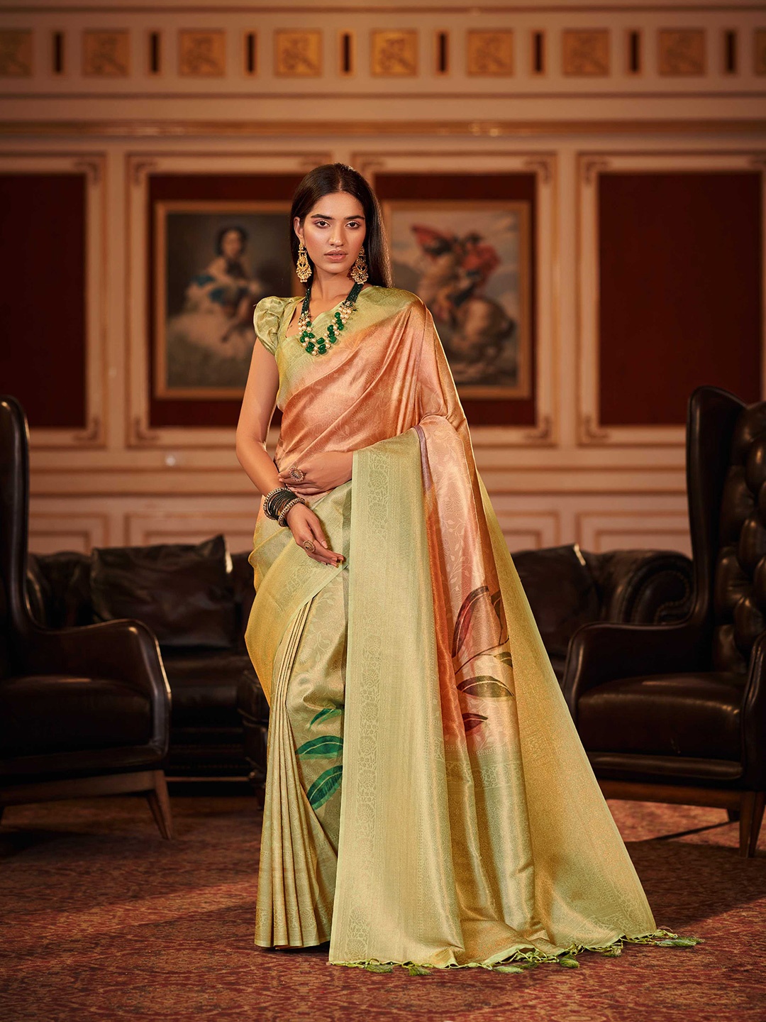 

Mitera Green & Pink Floral Woven Design Zari Saree