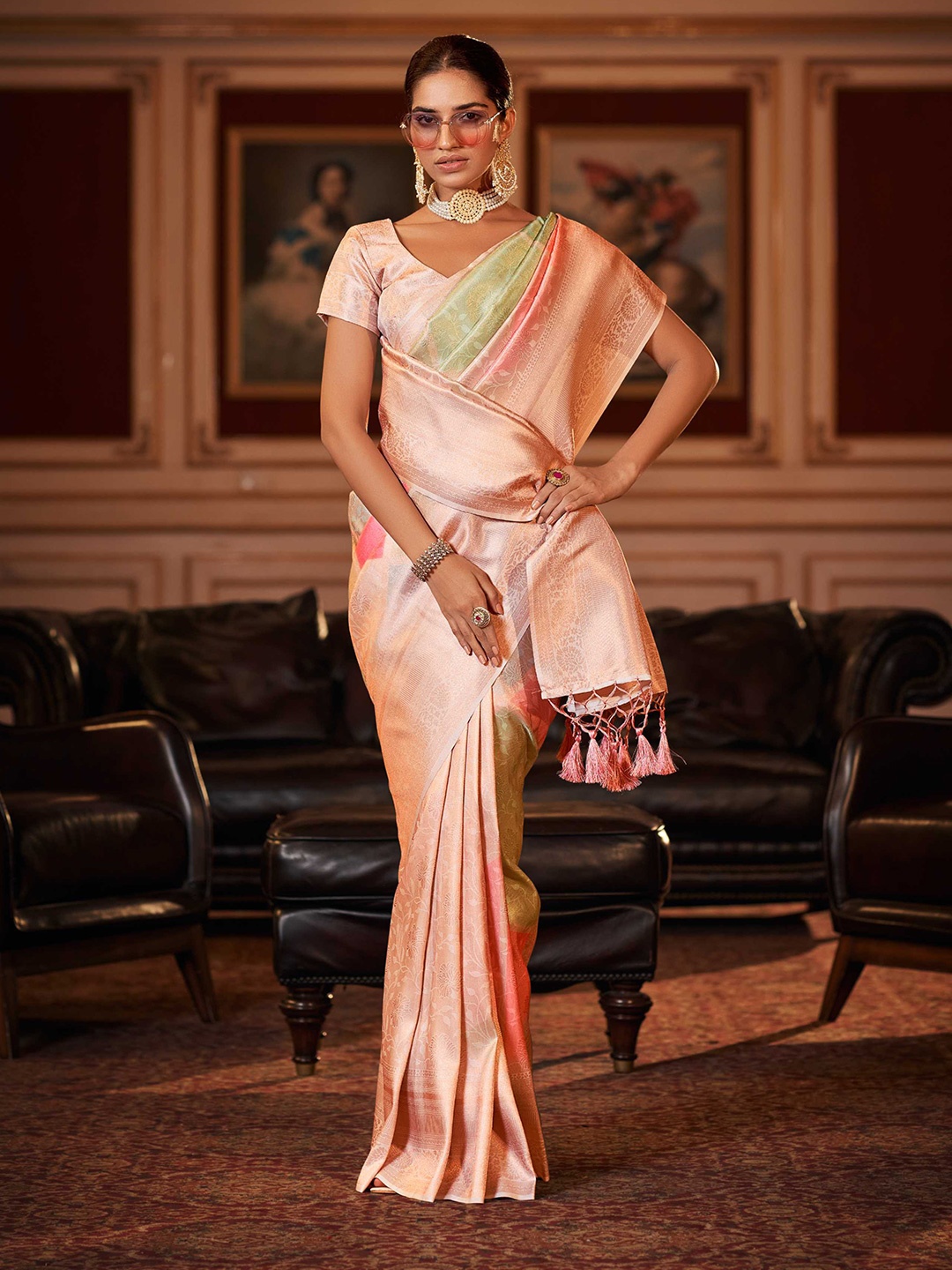 

Mitera Pink & Green Woven Design Zari Silk Blend Saree