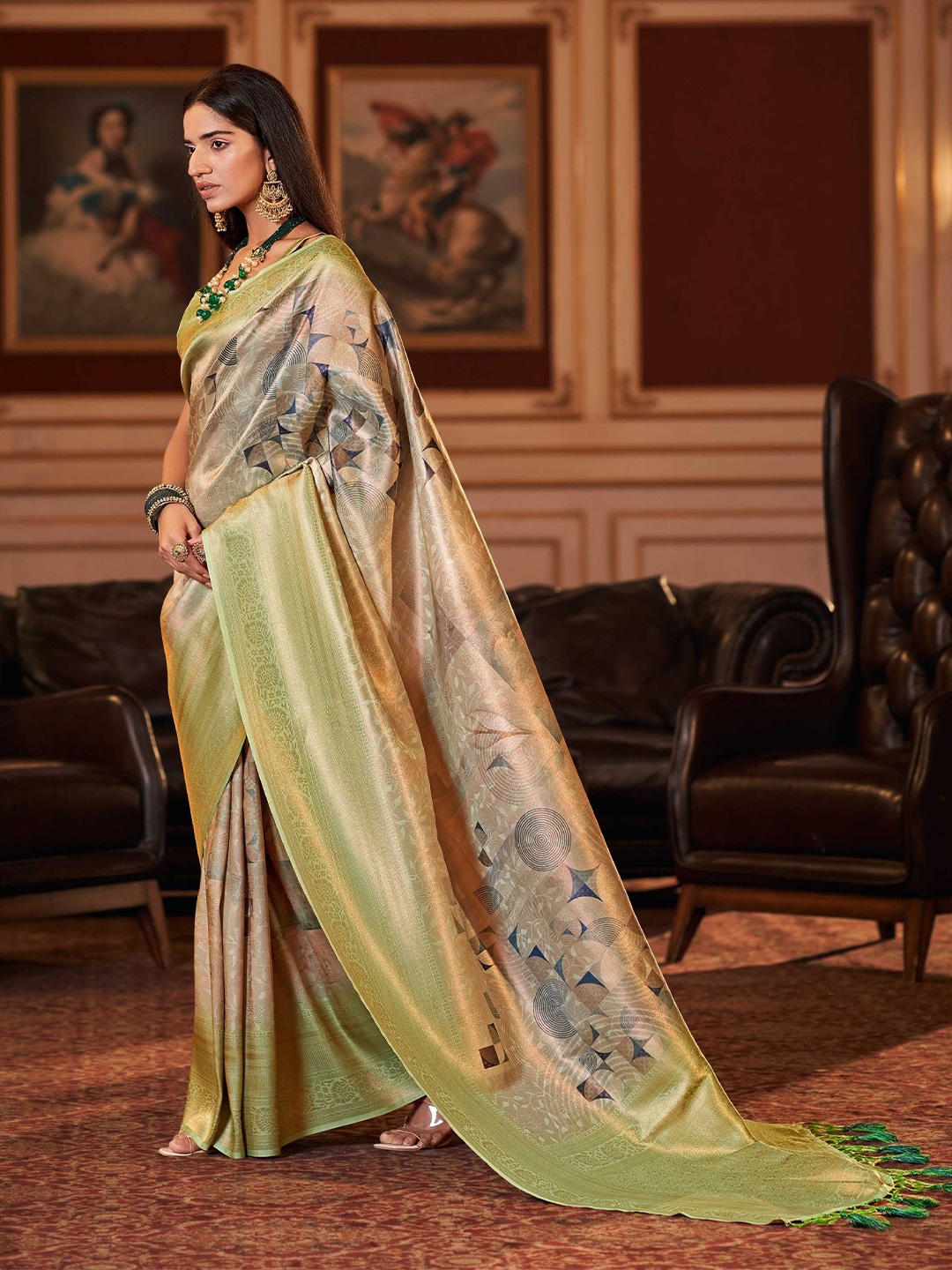 

Mitera Ethnic Motifs Woven Design Zari Soft Jacquard Silk Saree, Green