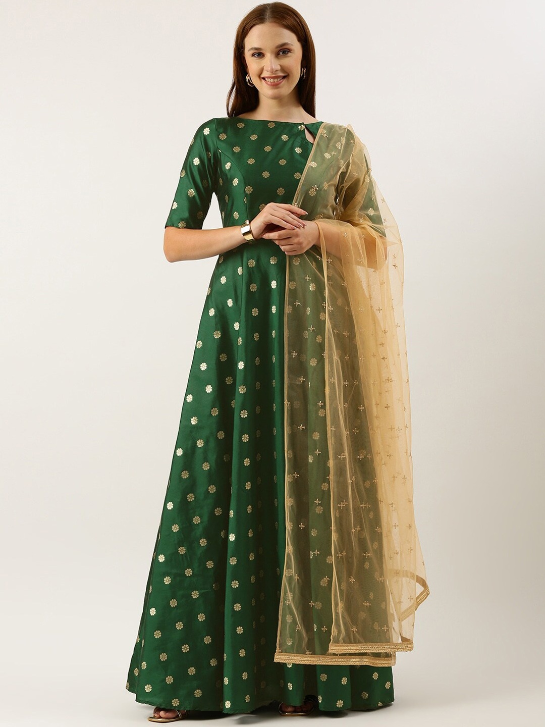 

Ethnovog Ethnic Motifs Printed Anarkali Kurta & Trousers With Dupatta, Green