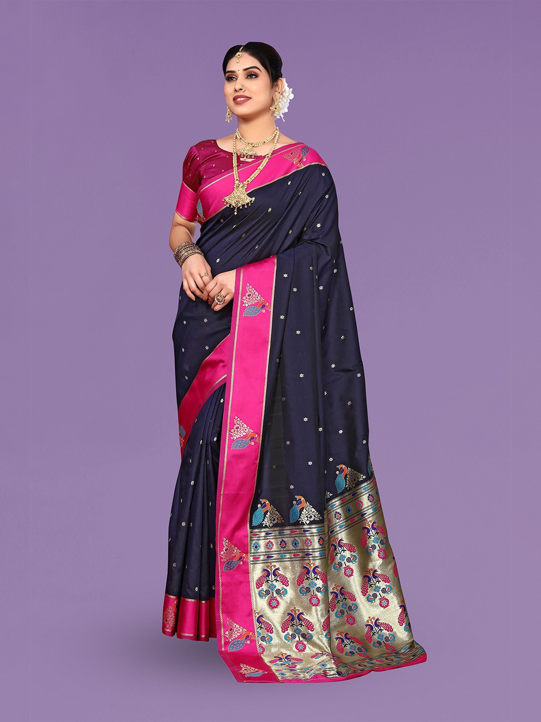 

Ekta Textiles Ethnic Motifs Woven Design Zari Pure Silk Banarasi Saree, Navy blue