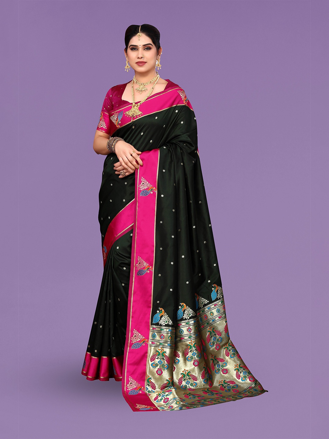 

Ekta Textiles Ethnic Motifs Woven Design Zari Pure Silk Banarasi Saree, Black