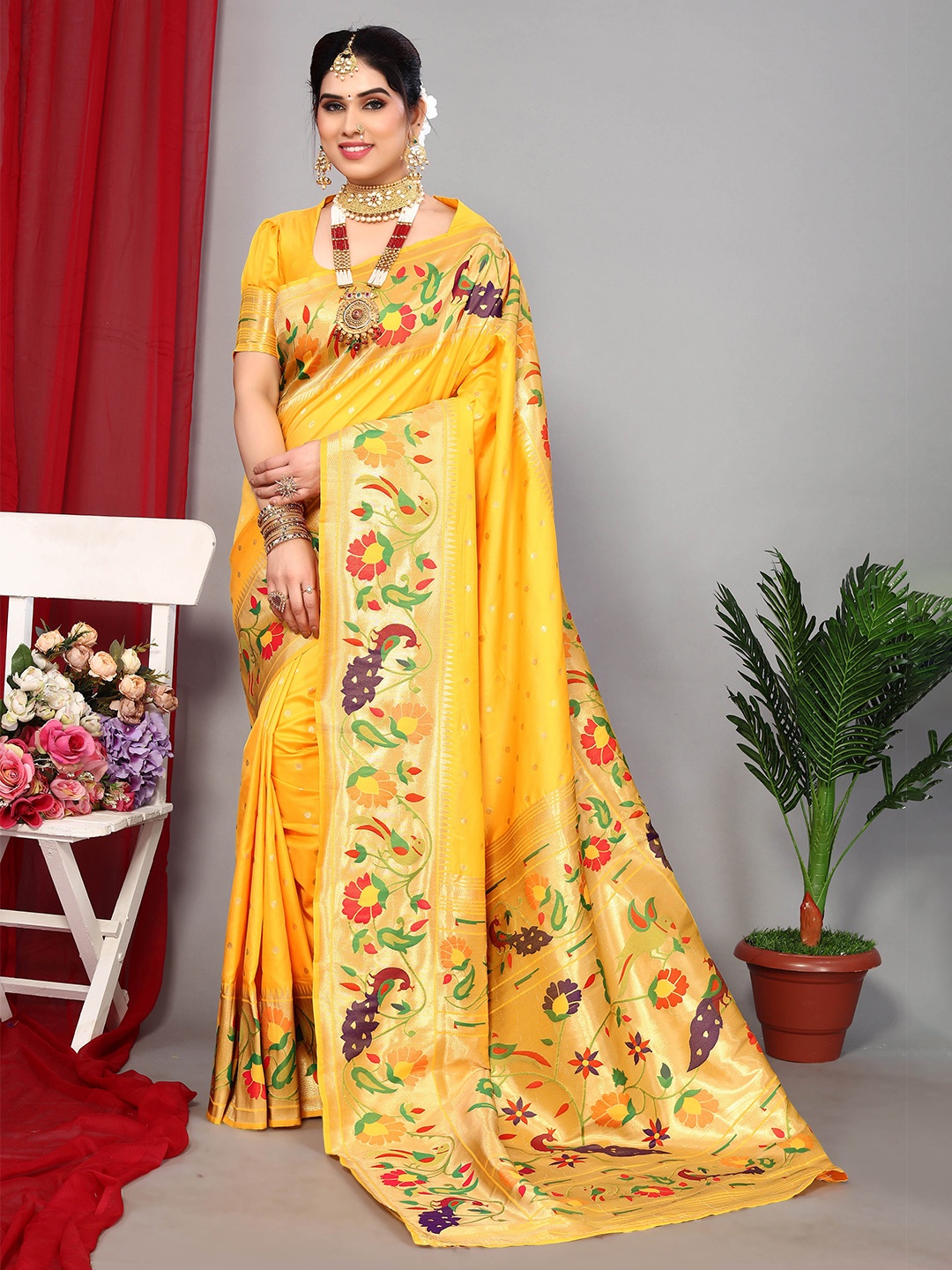 

Ekta Textiles Ethnic Motifs Woven Design Zari Pure Silk Banarasi Saree, Yellow