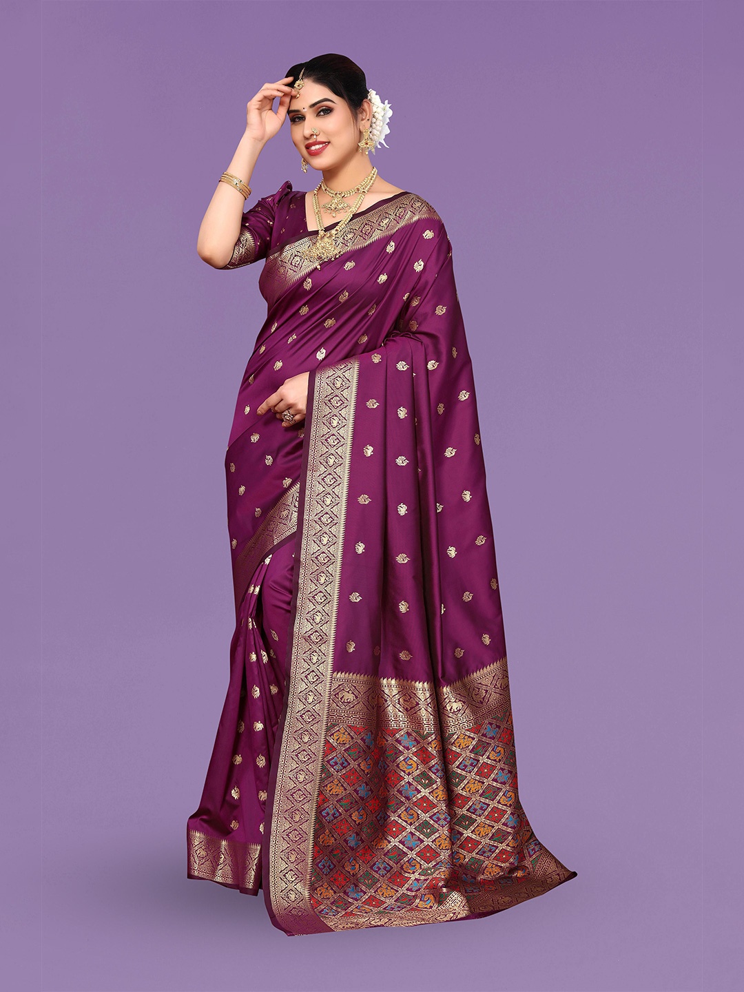 

Ekta Textiles Ethnic Motifs Woven Design Zari Pure Silk Banarasi Saree, Purple