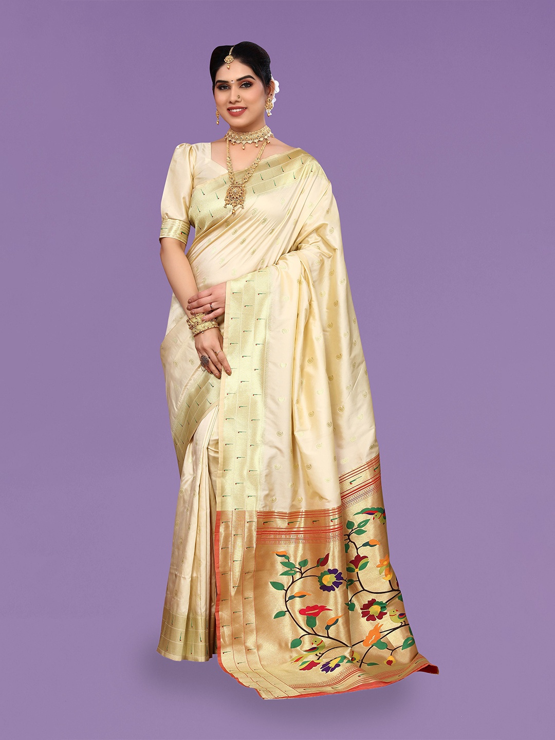 

Ekta Textiles Ethnic Motifs Woven Design Zari Pure Silk Banarasi Saree, Cream