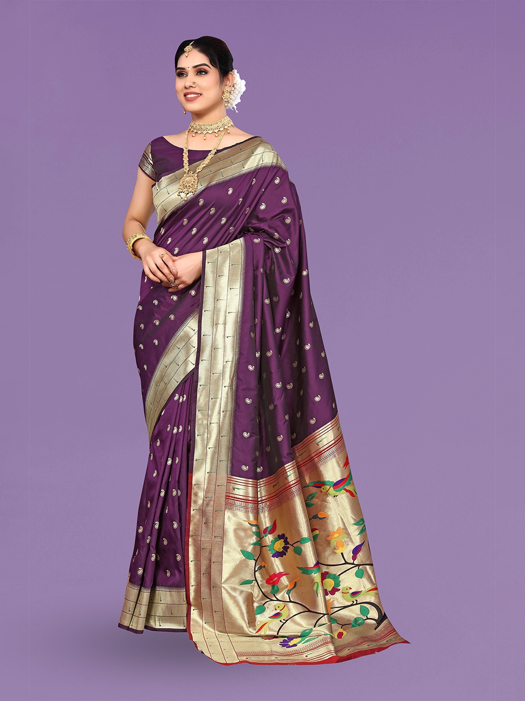

Ekta Textiles Paisley Woven Design Zari Pure Silk Banarasi Saree, Violet