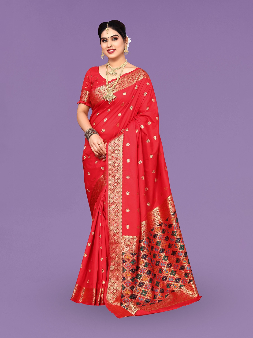 

Ekta Textiles Ethnic Motifs Woven Design Zari Pure Silk Banarasi Saree, Red