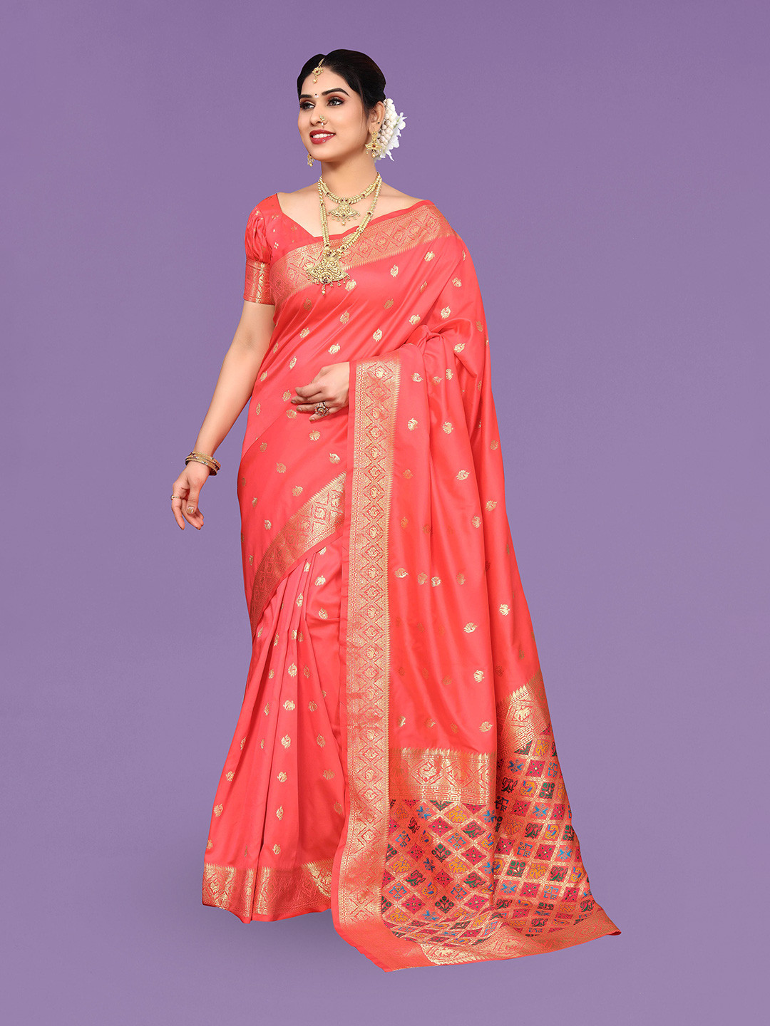 

Ekta Textiles Ethnic Motifs Woven Design Zari Pure Silk Banarasi Saree, Peach