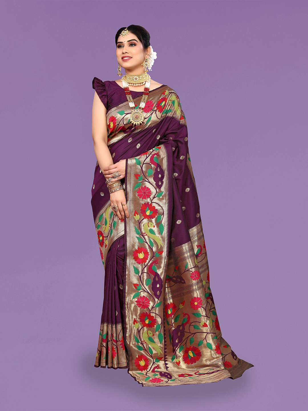 

Ekta Textiles Floral Woven Design Zari Pure Silk Banarasi Saree, Purple