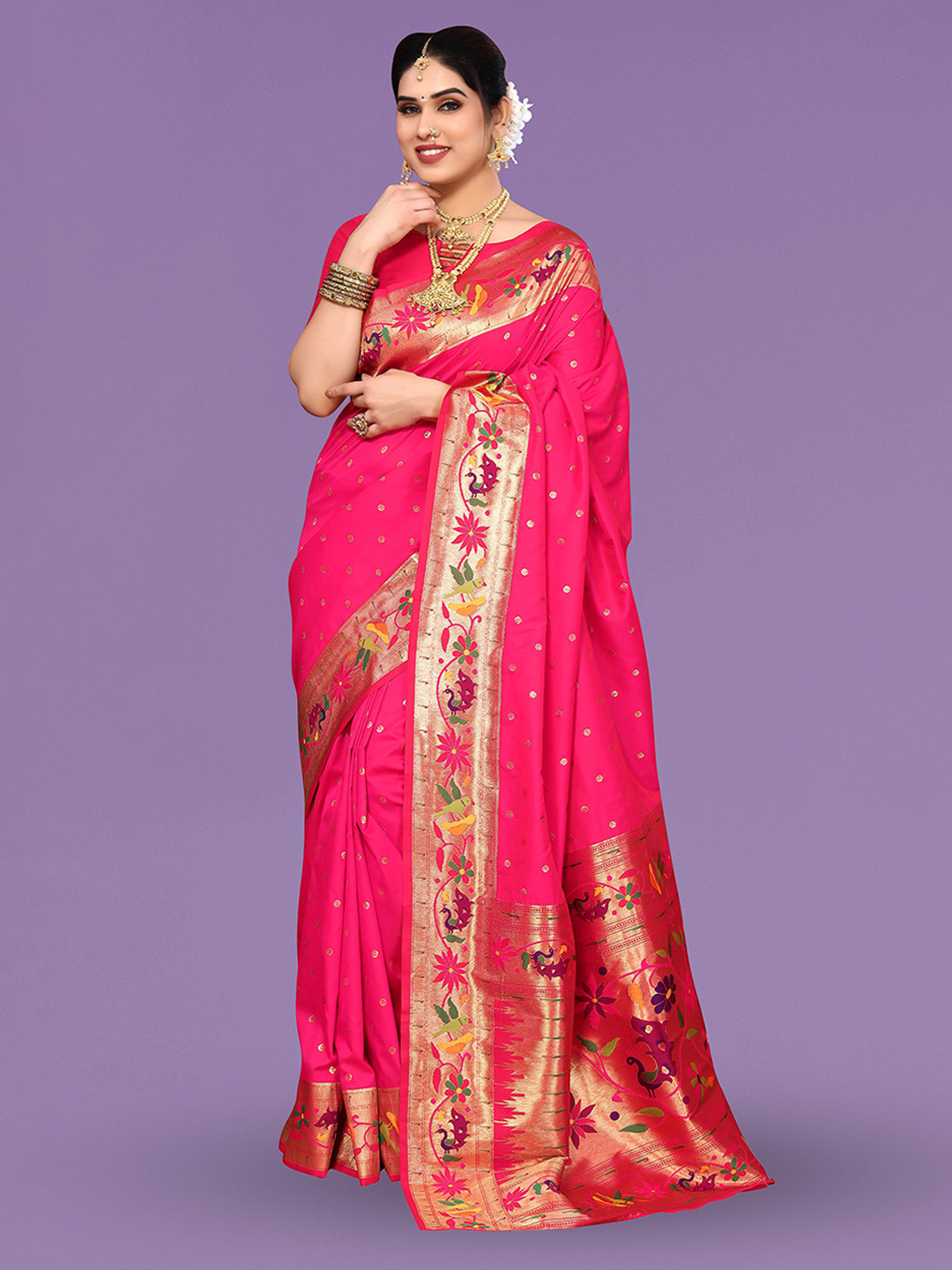 

Ekta Textiles Ethnic Motifs Woven Design Zari Pure Silk Banarasi Saree, Pink