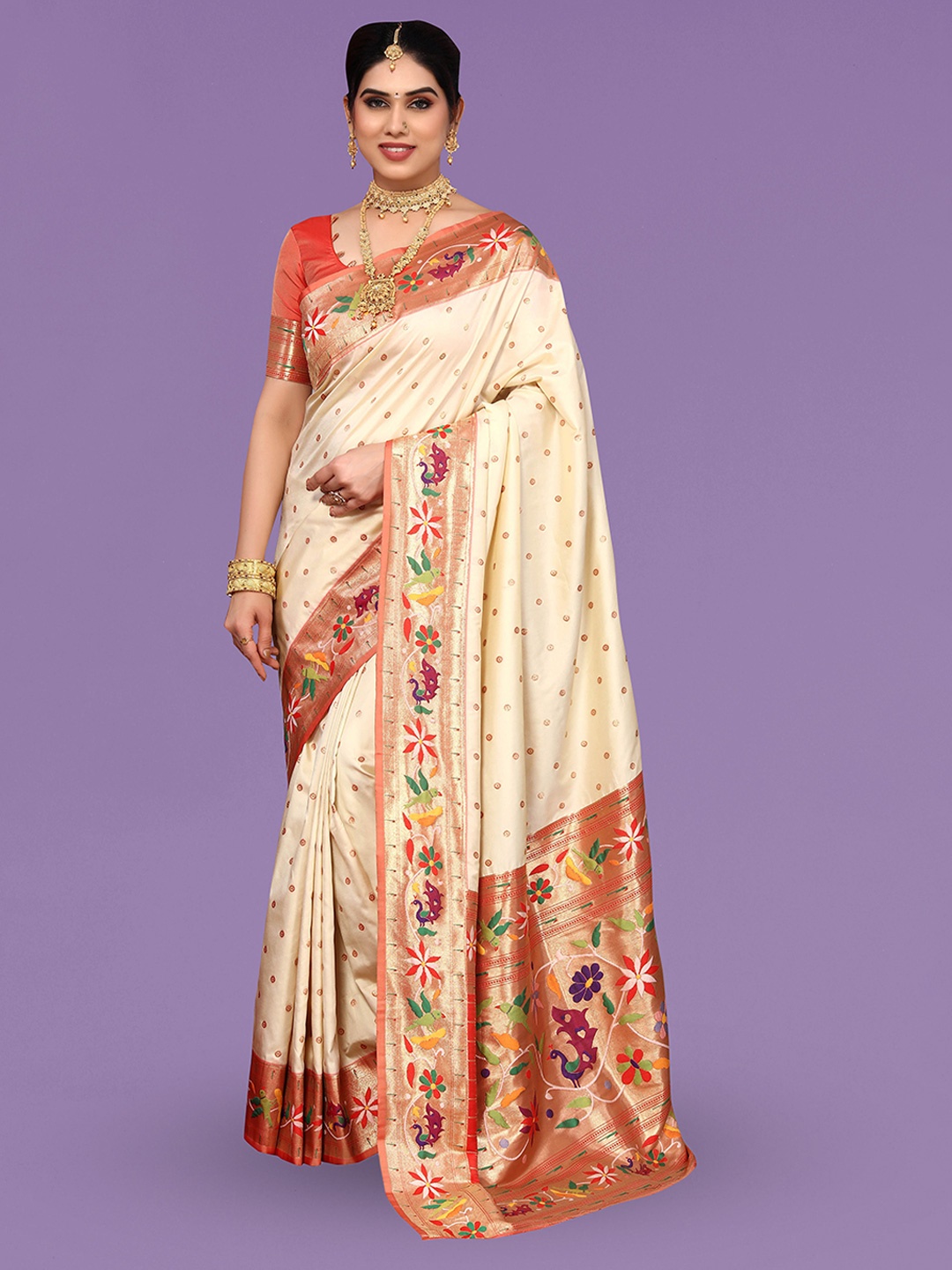 

Ekta Textiles Ethnic Motif Woven Design Zari Pure Silk Banarasi Saree, Cream