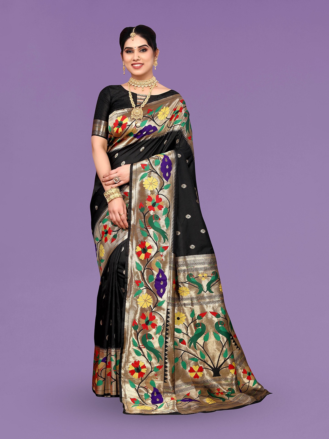 

Ekta Textiles Ethnic Motifs Woven Design Zari Pure Silk Banarasi Saree, Black