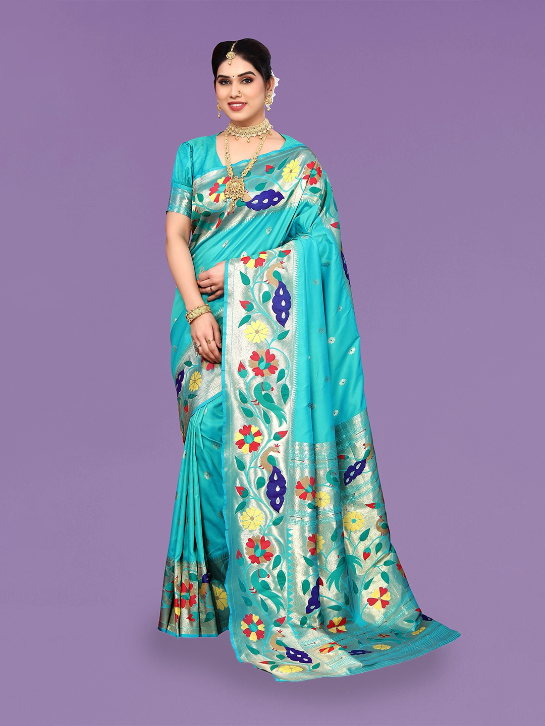 

Ekta Textiles Floral Woven Design Zari Pure Silk Banarasi Saree, Turquoise blue