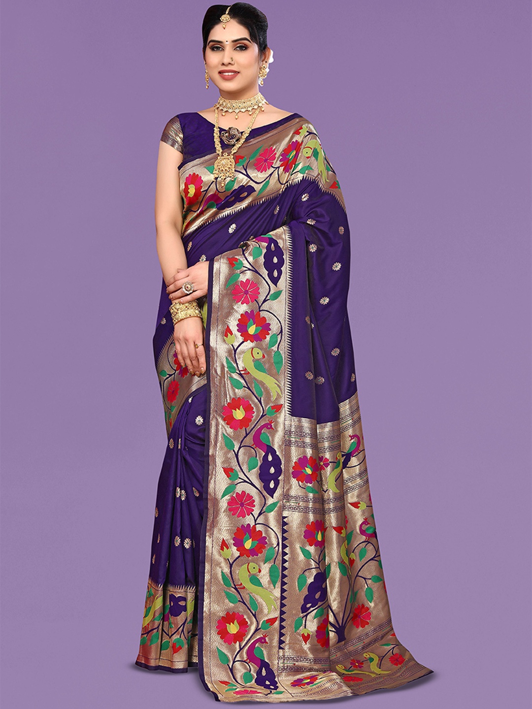 

Ekta Textiles Floral Woven Design Zari Pure Silk Banarasi Saree, Navy blue