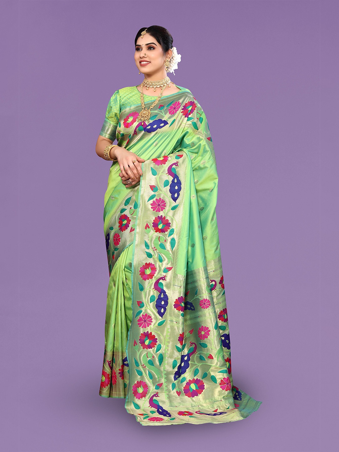 

Ekta Textiles Ethnic Motifs Woven Design Zari Pure Silk Banarasi Saree, Green