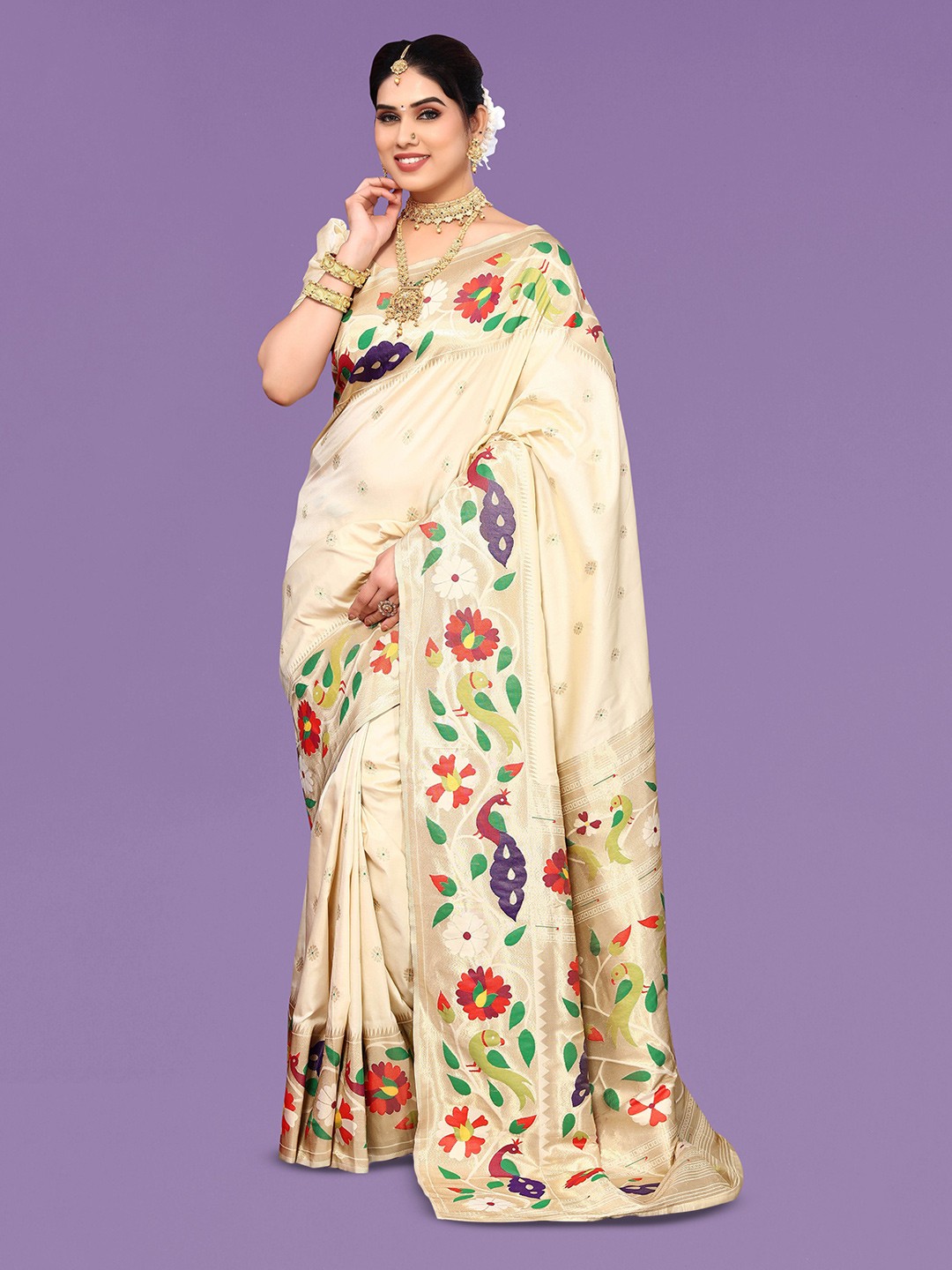 

Ekta Textiles Ethnic Motifs Woven Design Zari Pure Silk Banarasi Saree, Cream