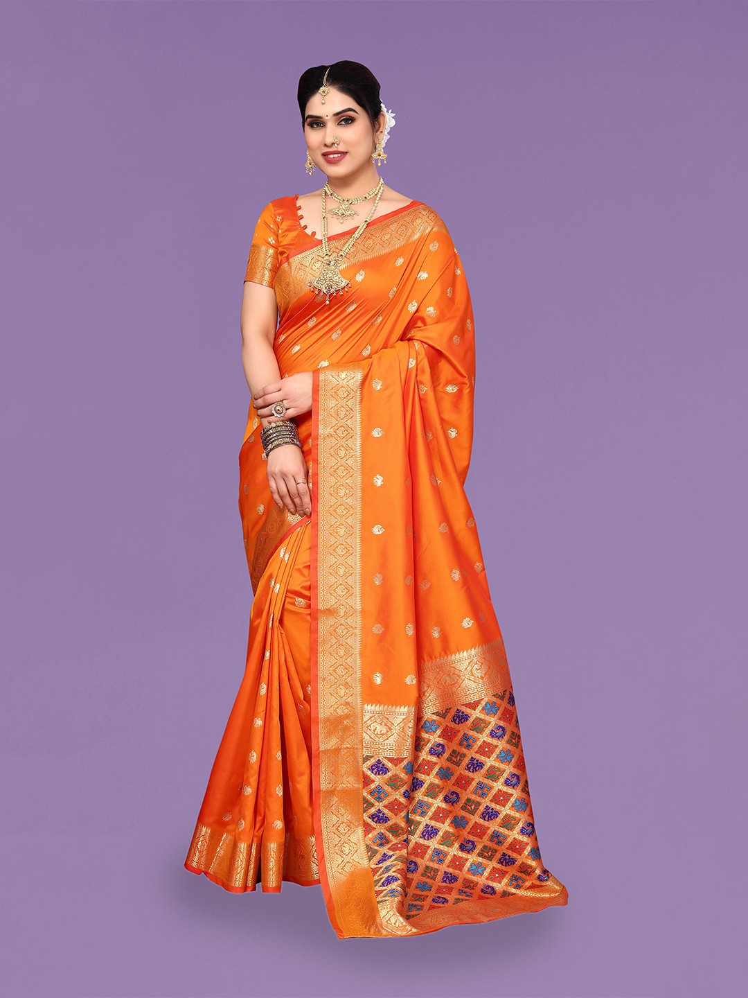 

Ekta Textiles Ethnic Motif Woven Design Zari Pure Silk Banarasi Saree, Orange