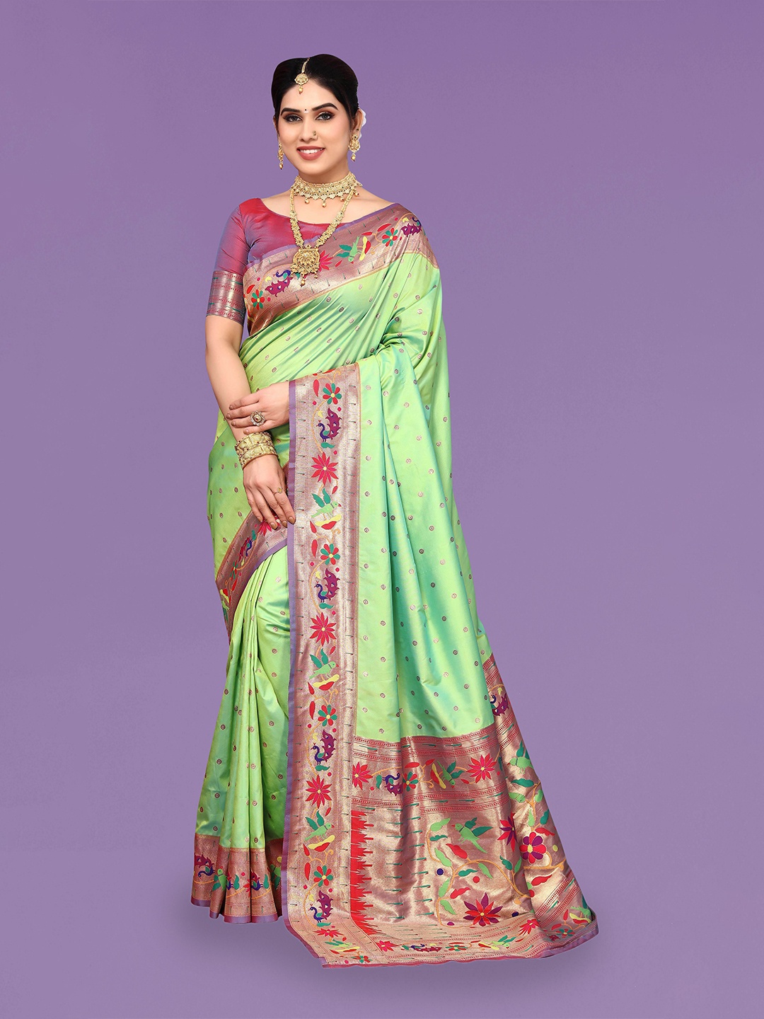 

Ekta Textiles Ethnic Motif Woven Design Zari Pure Silk Banarasi Saree, Green