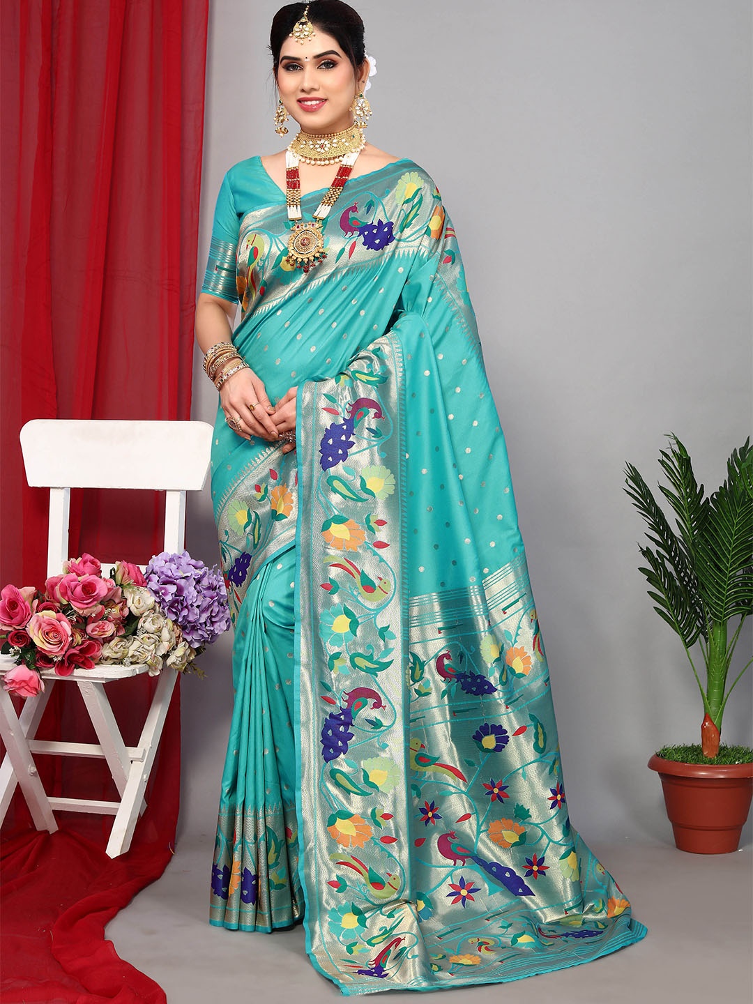 

Ekta Textiles Woven Design Zari Pure Silk Banarasi Saree, Turquoise blue