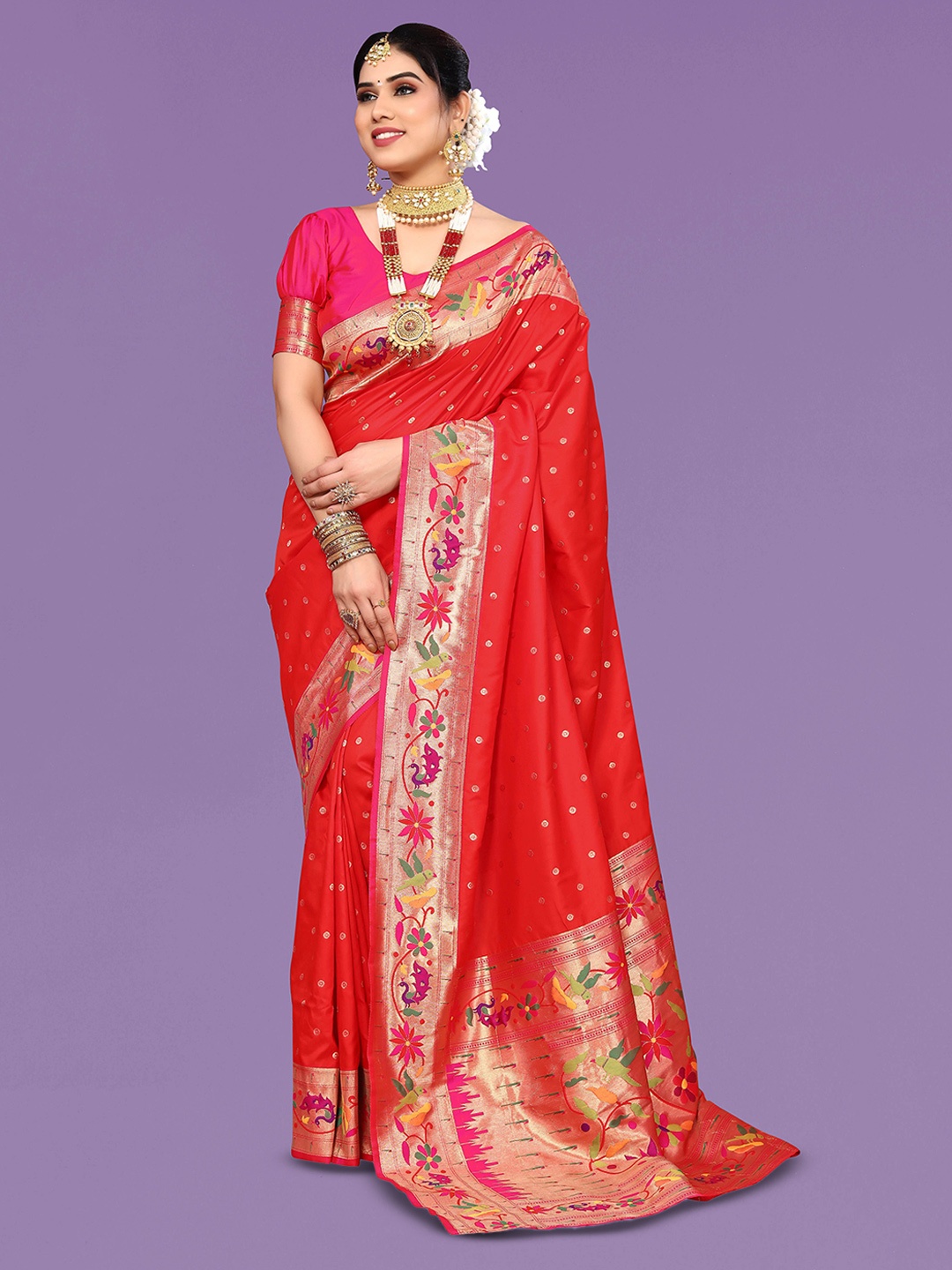 

Ekta Textiles Ethnic Motifs Woven Design Zari Pure Silk Banarasi Saree, Red