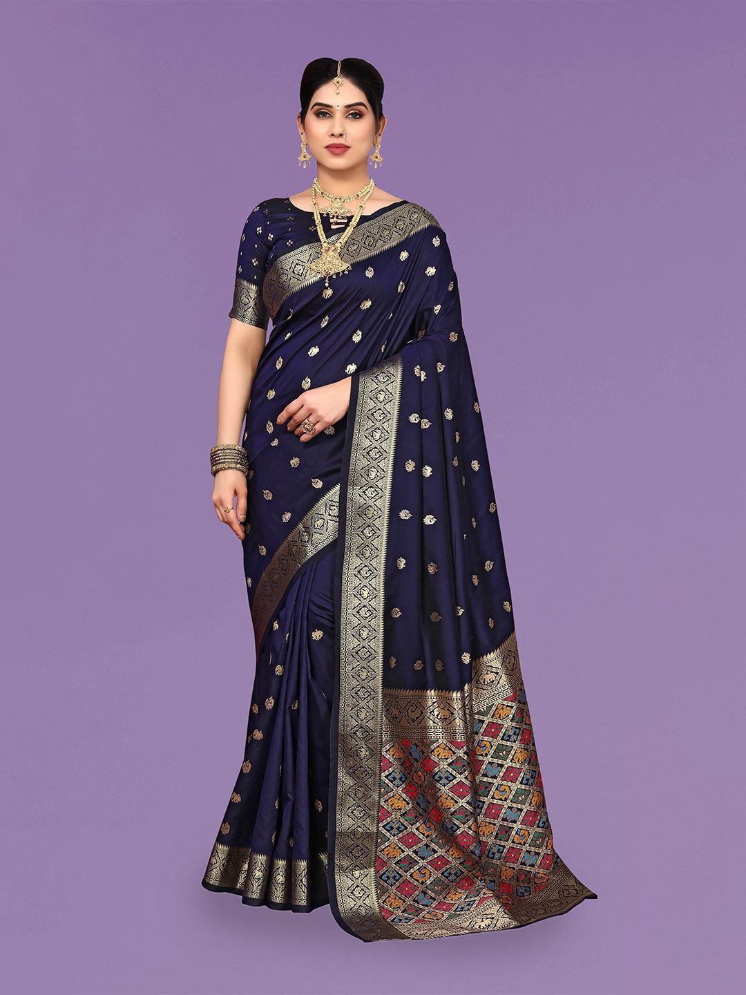 

Ekta Textiles Ethnic Motifs Woven Design Zari Pure Silk Banarasi Saree, Navy blue