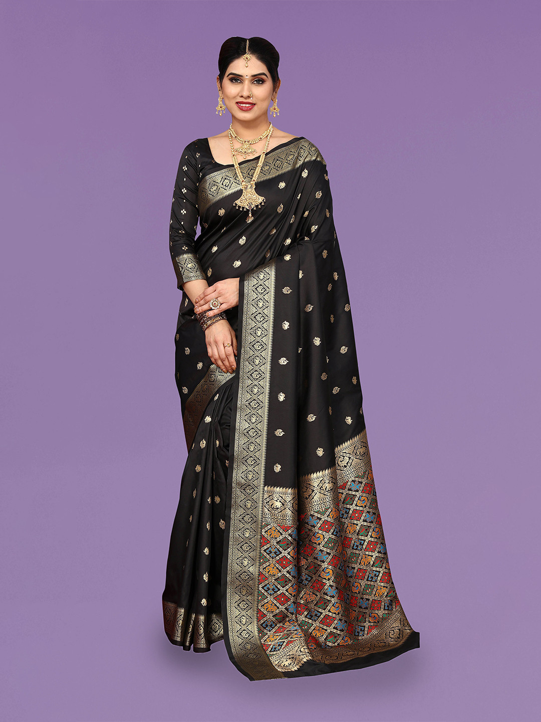 

Ekta Textiles Ethnic Motif Woven Design Zari Pure Silk Banarasi Saree, Black