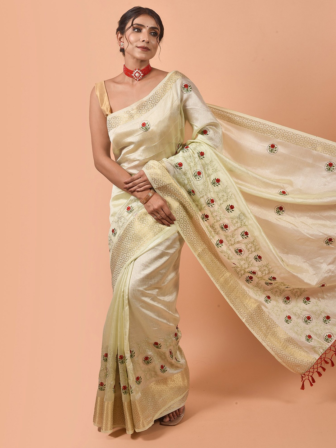 

all about you Cream-Coloured & Red Floral Embroidered Saree