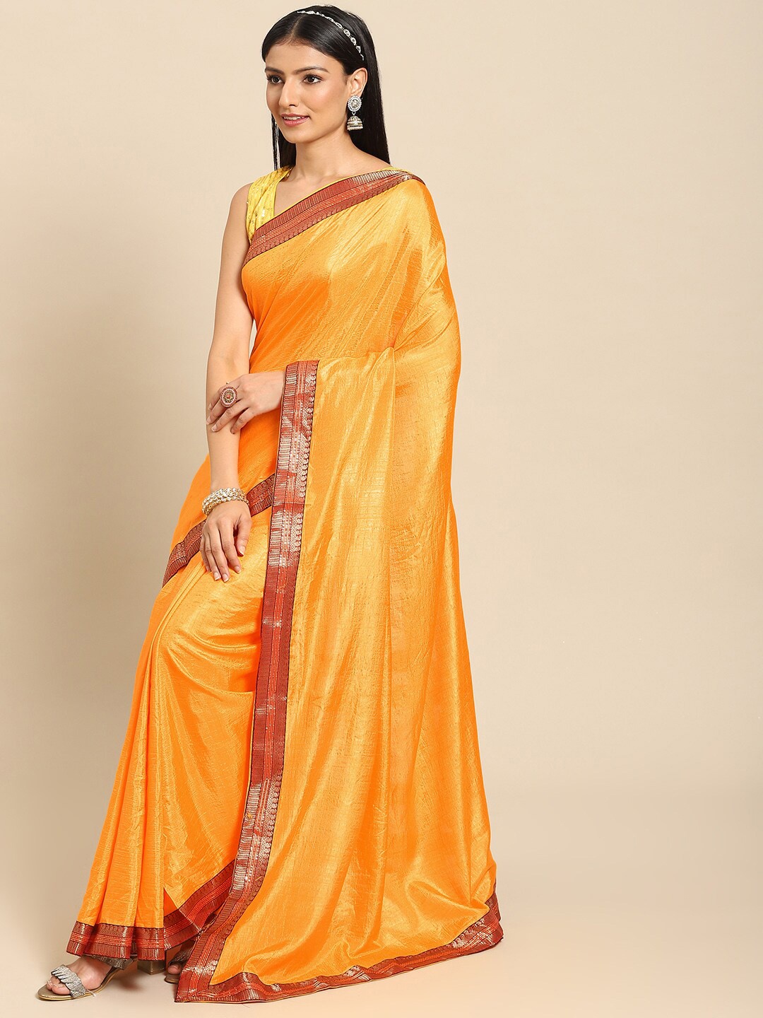 

all about you Mustard & Red Zari Poly Crepe Saree