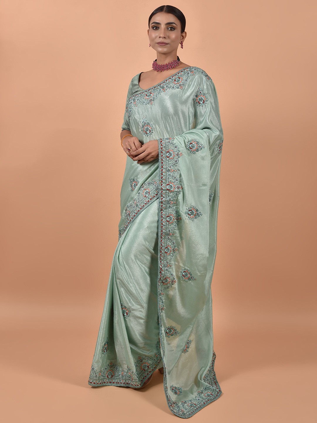

all about you Sea Green Ethnic Motifs Embroidered Satin Saree