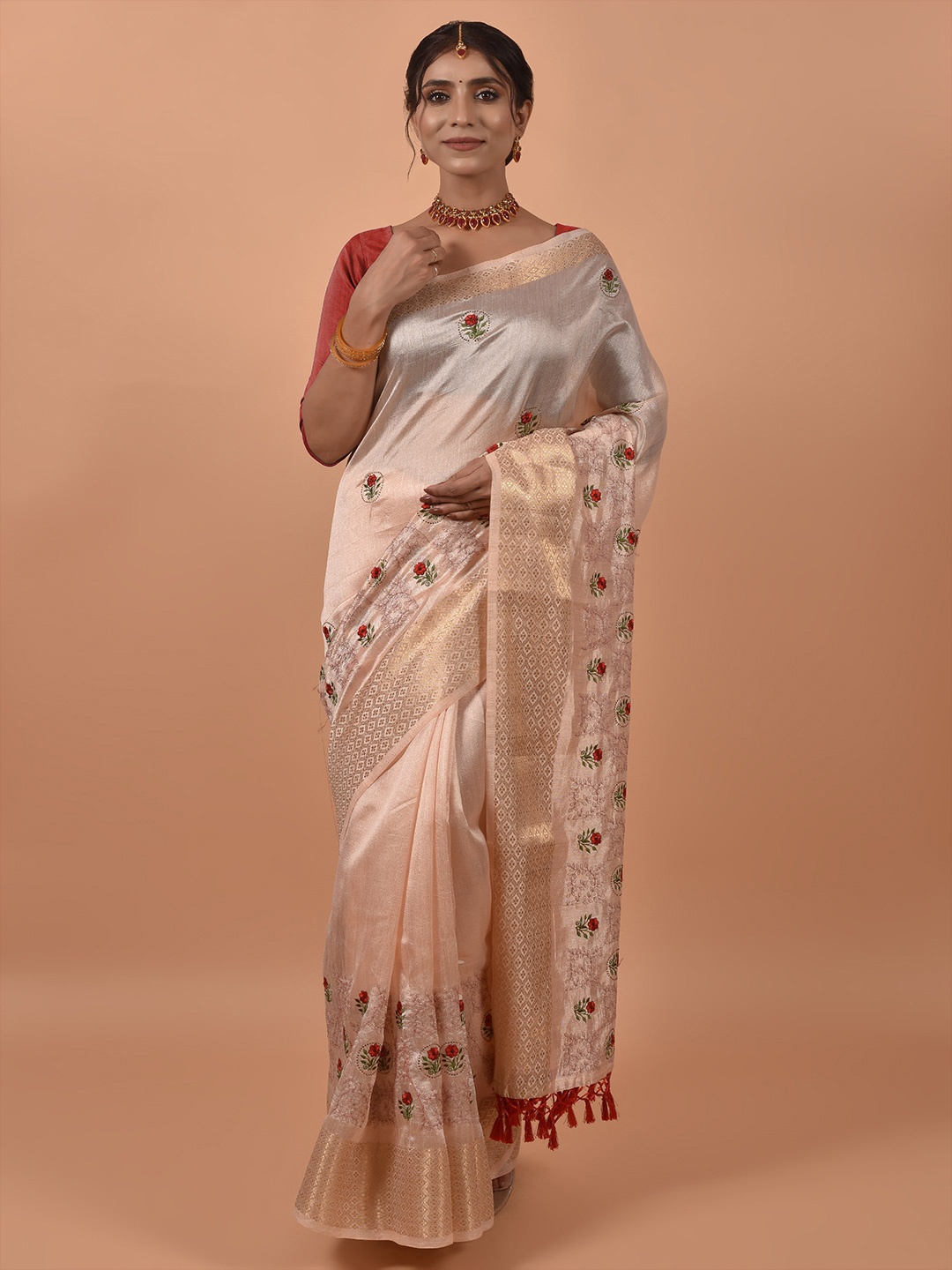 

all about you Peach-Coloured & Red Floral Embroidered Saree