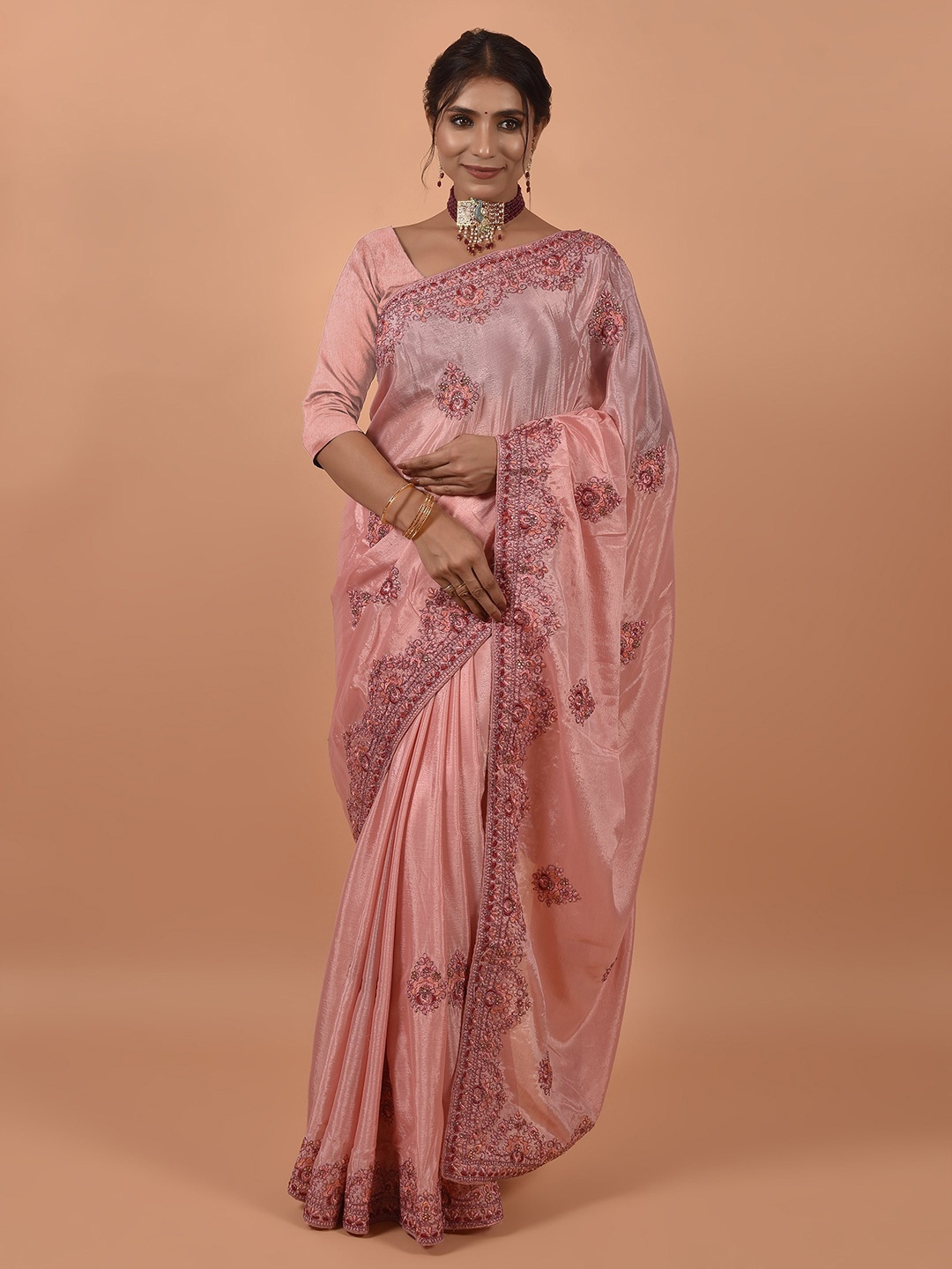 

all about you Sea Green Ethnic Motifs Embroidered Satin Saree, Pink