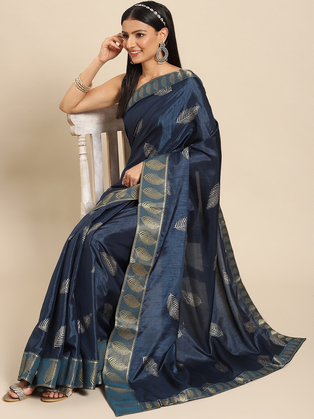 

all about you Teal & Gold-Toned Floral Zari Poly Crepe Saree