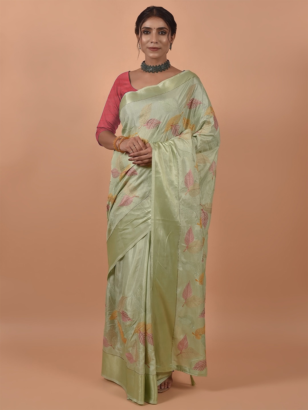 

all about you Green & Gold-Toned Floral Embroidered Satin Saree