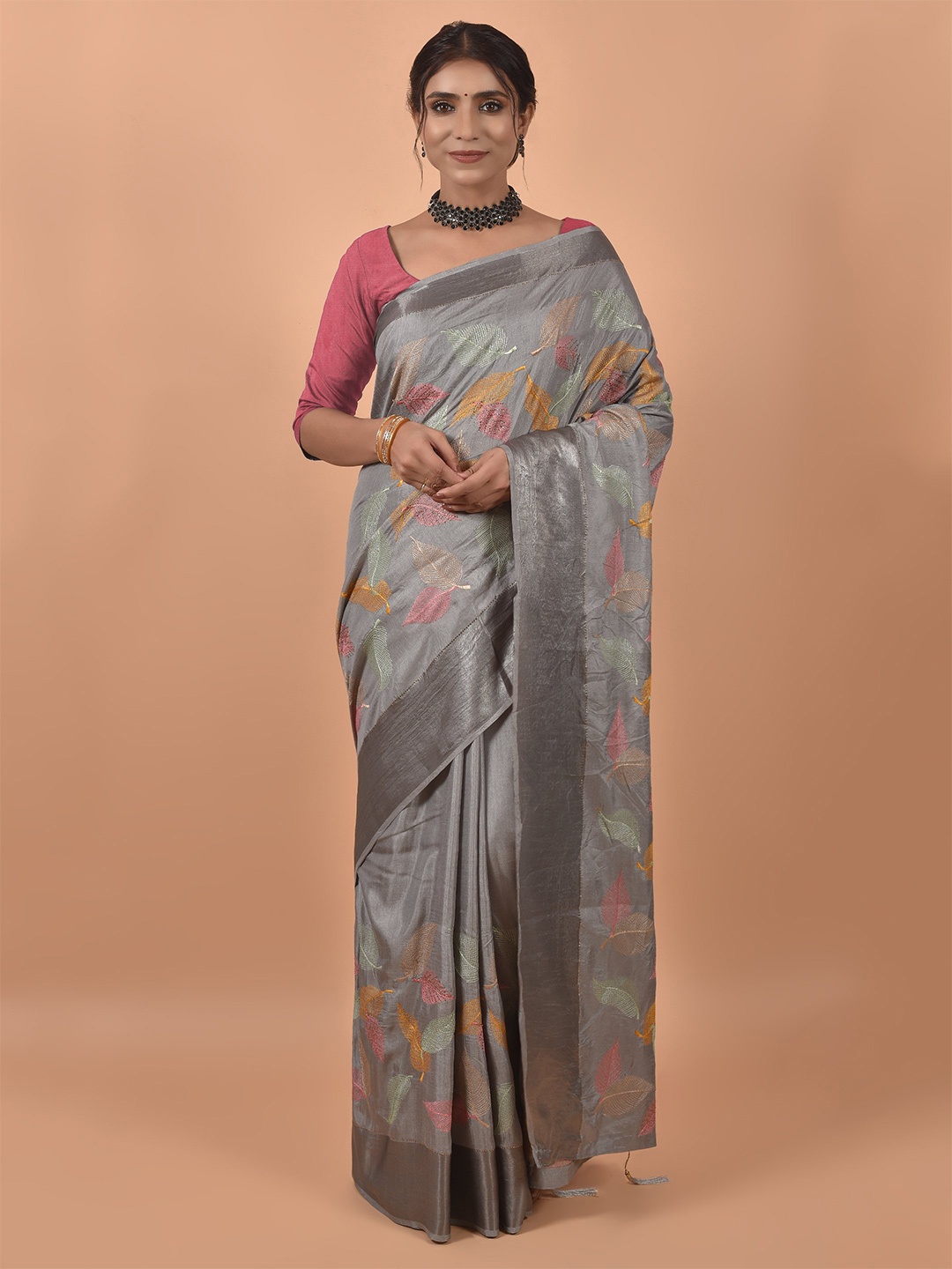 

all about you Grey & Orange Floral Embroidered Zari Satin Saree