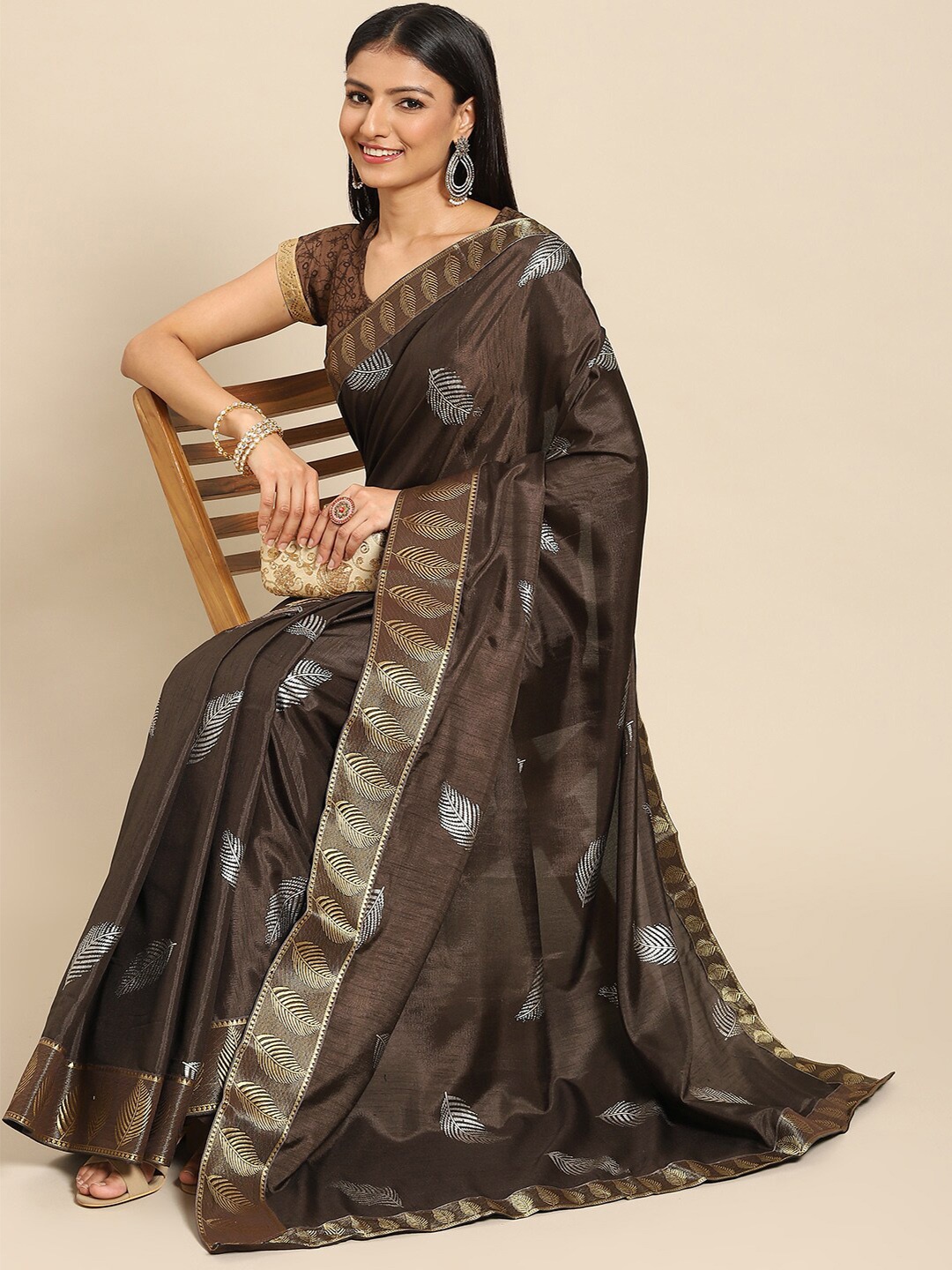 

all about you Brown & Gold-Toned Floral Printed Zari Poly Crepe Saree