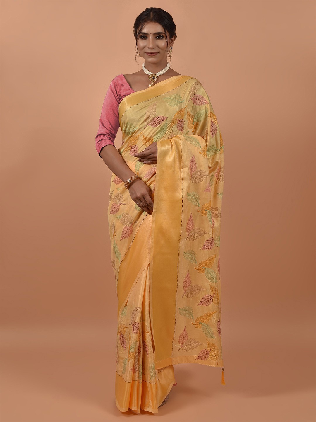 

all about you Yellow & Gold-Toned Floral Embroidered Satin Saree