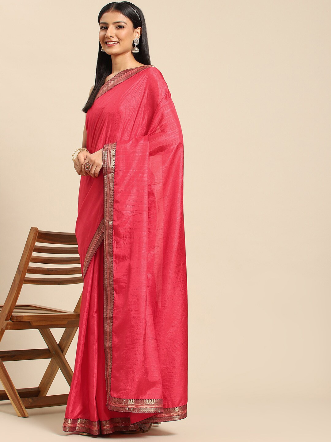 

all about you Pink & Gold-Toned Zari Poly Crepe Saree