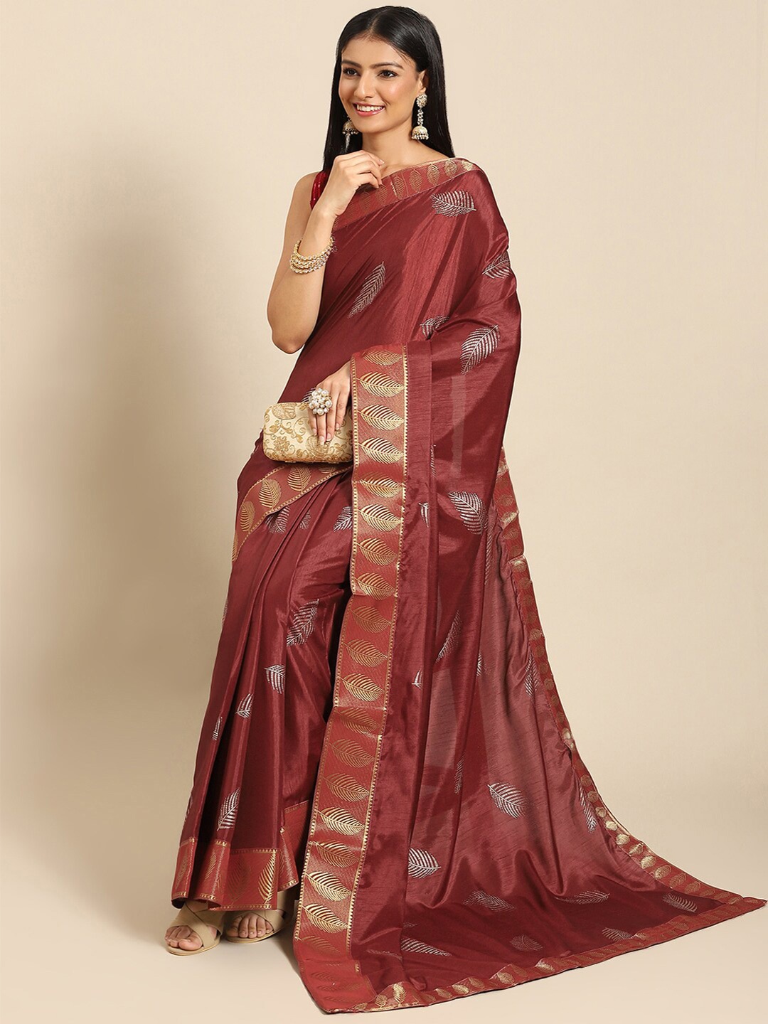 

all about you Maroon & Gold-Toned Floral Printed Zari Saree