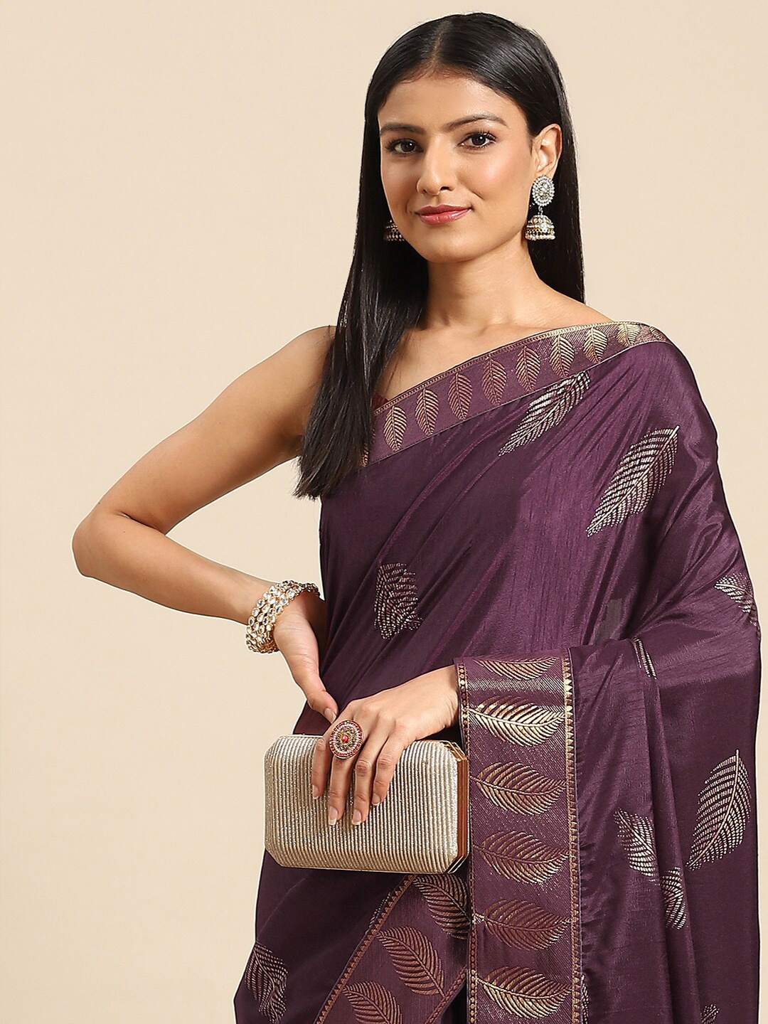 

all about you Purple & Gold-Toned Floral Zari Poly Crepe Saree