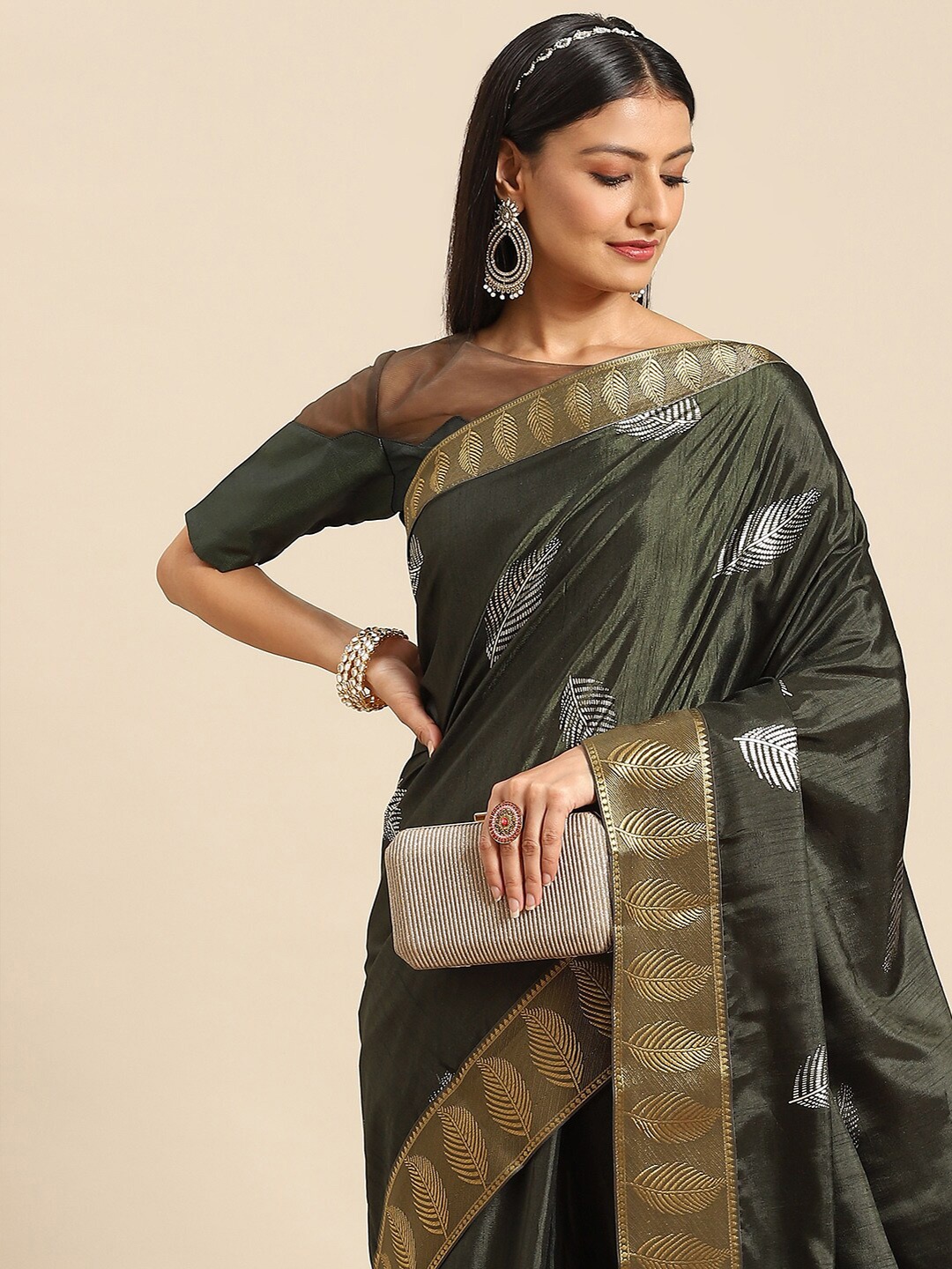 

all about you Green & Gold-Toned Floral Printed Zari Saree