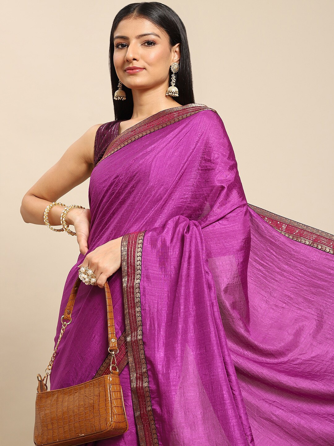 

all about you Purple & Gold-Toned Zari Poly Crepe Saree