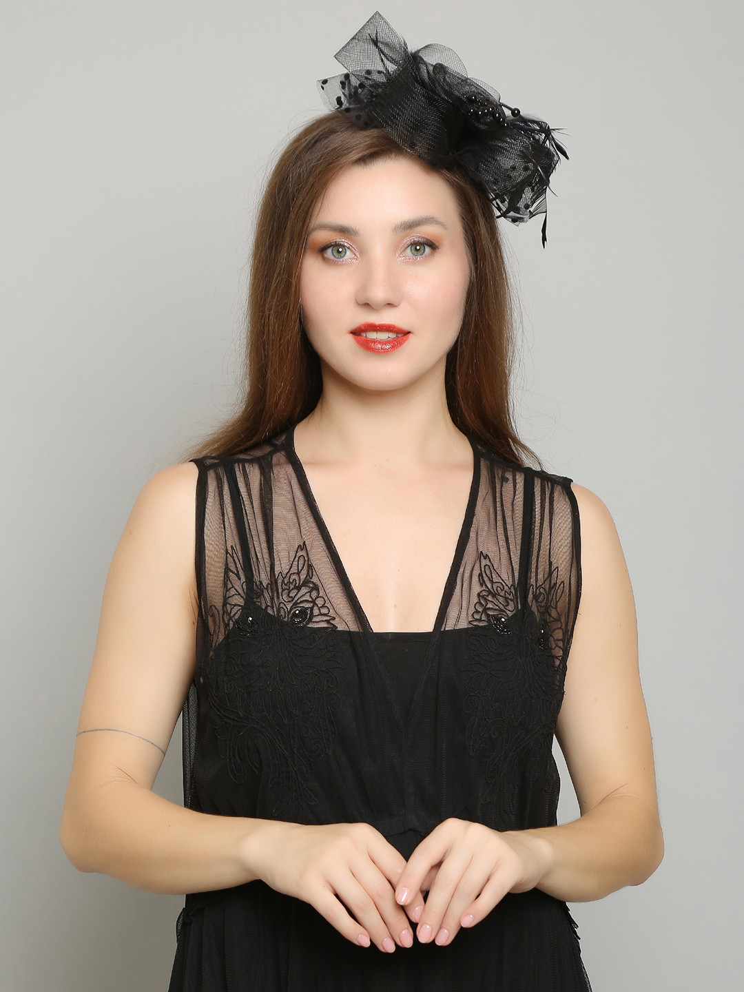 

COLOR STYLE Flower Ribbons Feathers Fedoras Hat Headband, Black